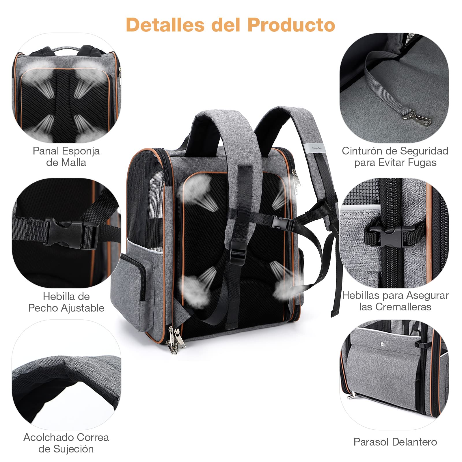 Transportin Gato Extensible con 4 Entradas | Mochila Transpirable - Transportin Perro Pequeño con Arnés Interno - Carga Máxima 8kg - Impermeable - Gris