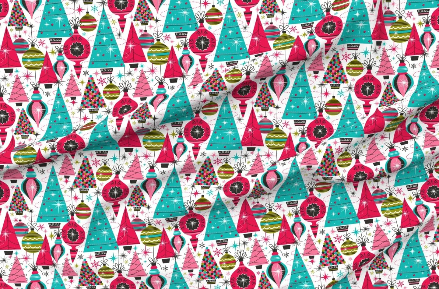 Spoonflower Fabric - Deck Maximalist Christmas Pink Aqua Green Vintage Retro Holiday Home Printed on Organic Cotton Sateen Fabric by The Yard - Sewing Quilting Apparel Home Decor