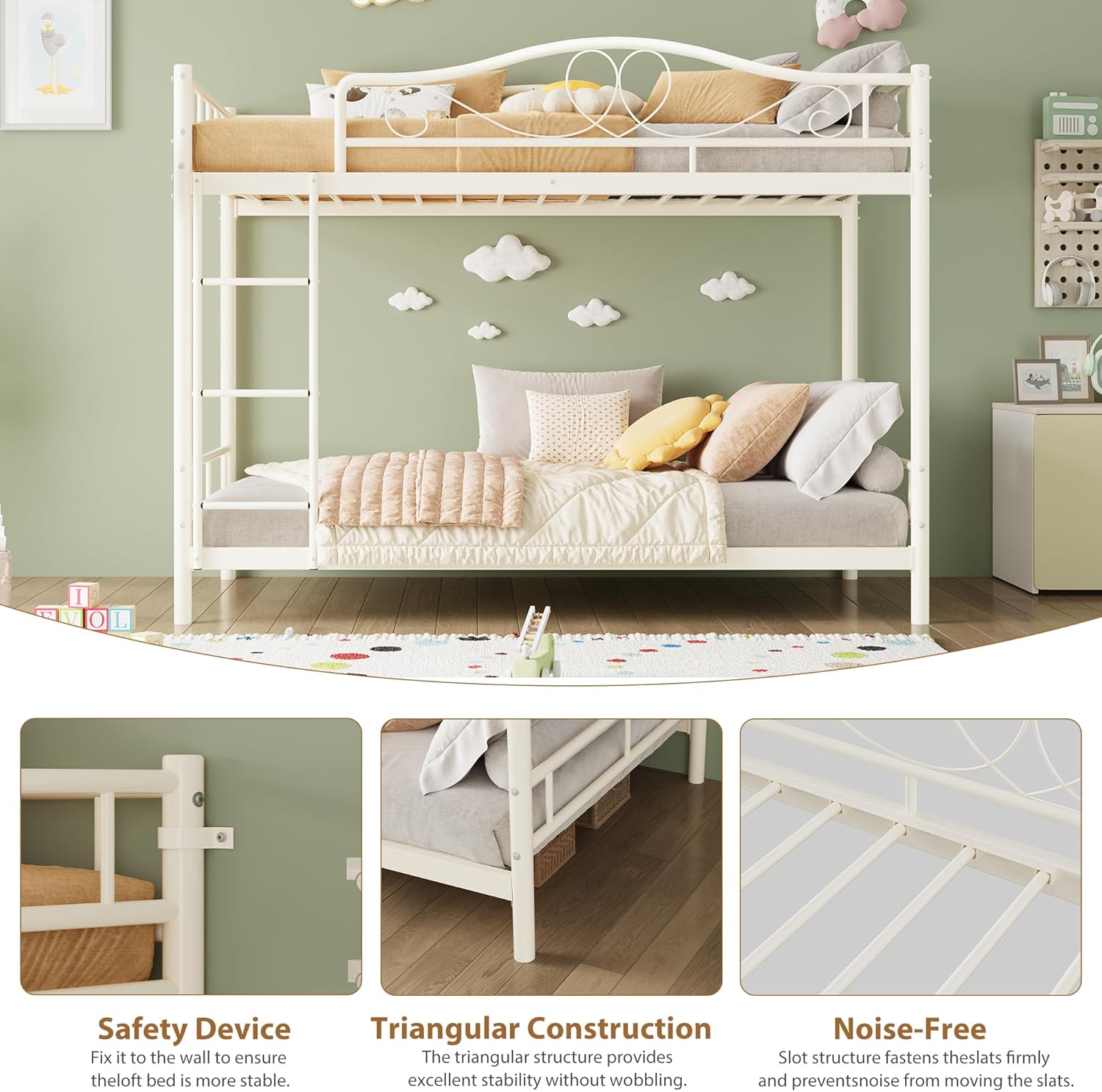 IDEALHOUSE Bunk Bed Twin Over Twin with Ladder & Full Safety Guardrail, Heavy Duty Metal Twin Over Twin Bunk Bed 400 Lbs Load Capacity, Space-Saving, Noise Free, No Box Spring Needed, Easy Assembly, C