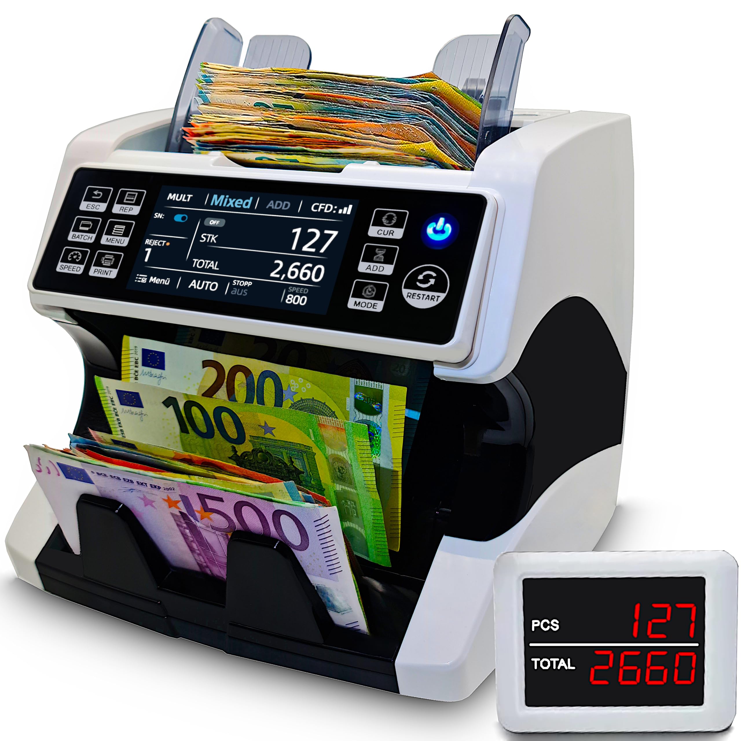BEITZ BS-920A - Contatore di banconote con display cliente, testato ECB, tecnologia 2CIS, rilevamento 9 volte di denaro falso, offline e anonimo, contatore professionale con visualizzazione dei