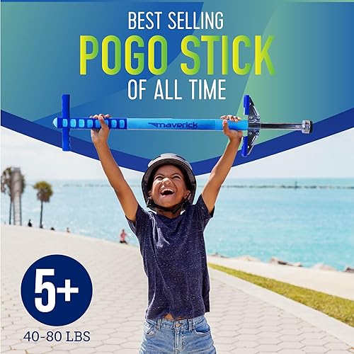 Miniatura 55 de Flybar Maverick Pogo Stick para niños a partir de 5 años, 40 a 80 libras, perfecto para principiantes, asas de fácil agarre, clavijas Negro/Plateado