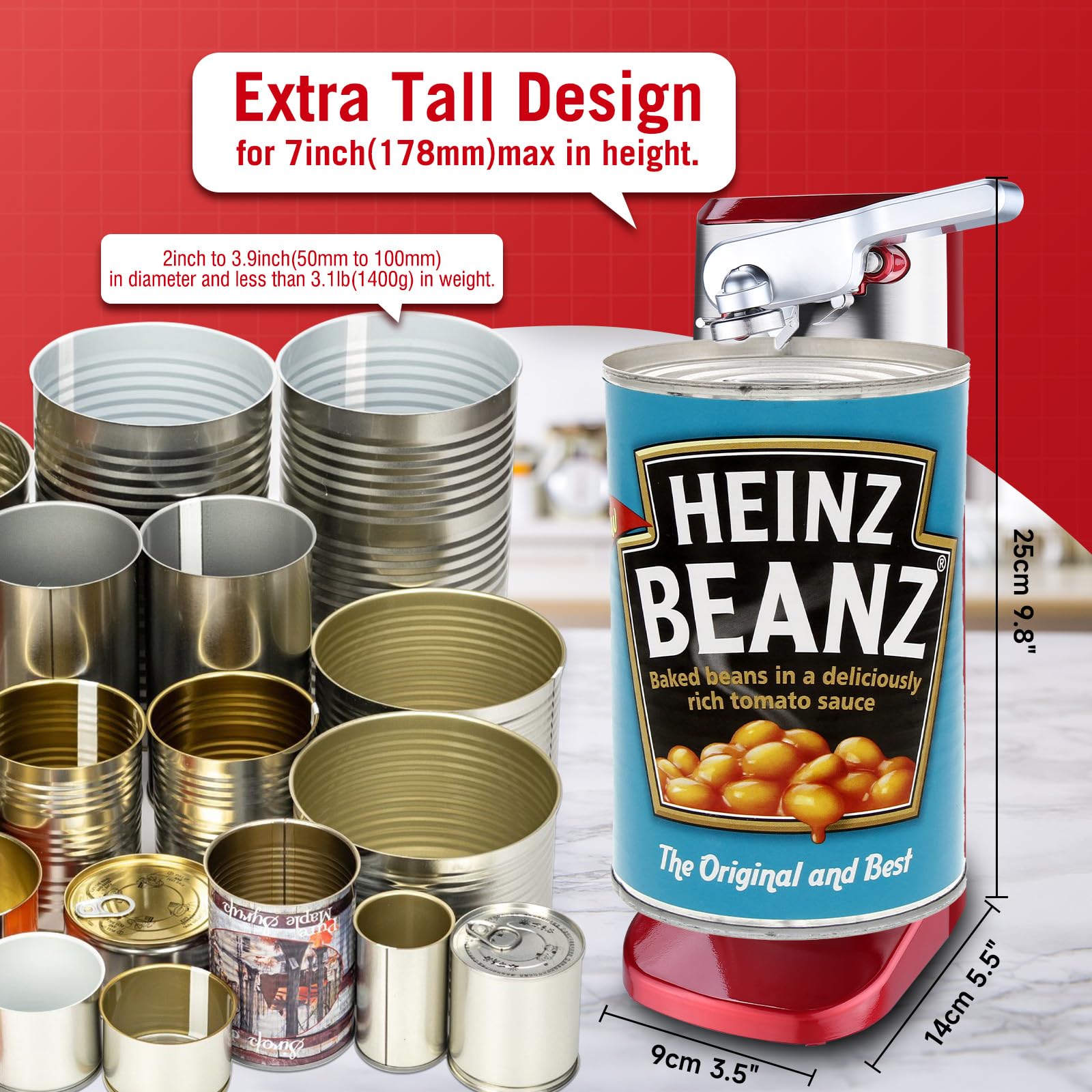 Davivy Electric Can Opener,Stainless Steel Tall Automatic Can Opener, Knife Sharpener and Bottle Opener (Silver+Red)