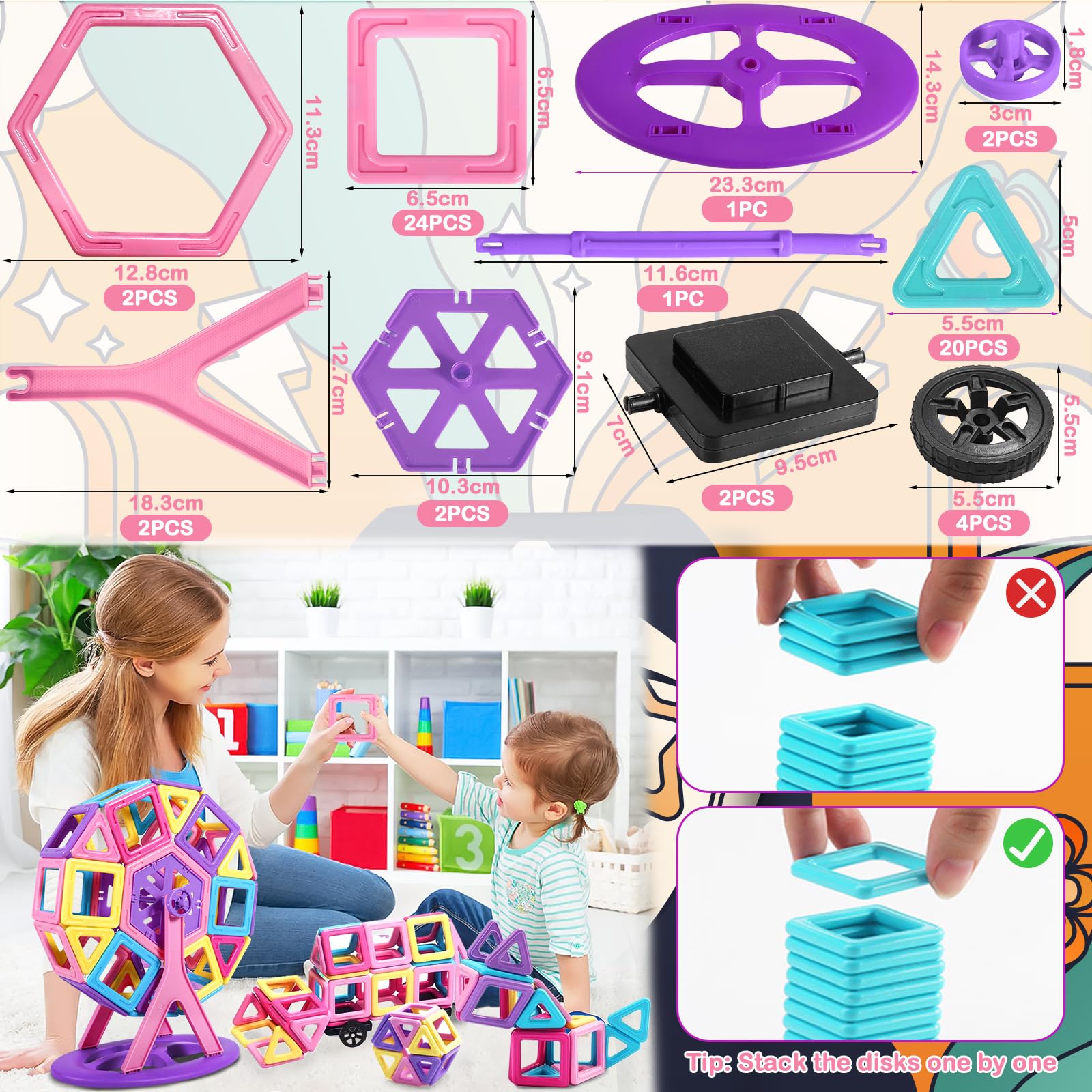 Costruzioni Magnetiche per Bambini 60 Pezzi, Giochi Educativi Mattoncini Magnetici per Bambini Bambina Bimbo 3 4 5 6 7 8 Anni Giochi Educativo Magneti Compleanno Natale Ottima Idea Regalo (B)