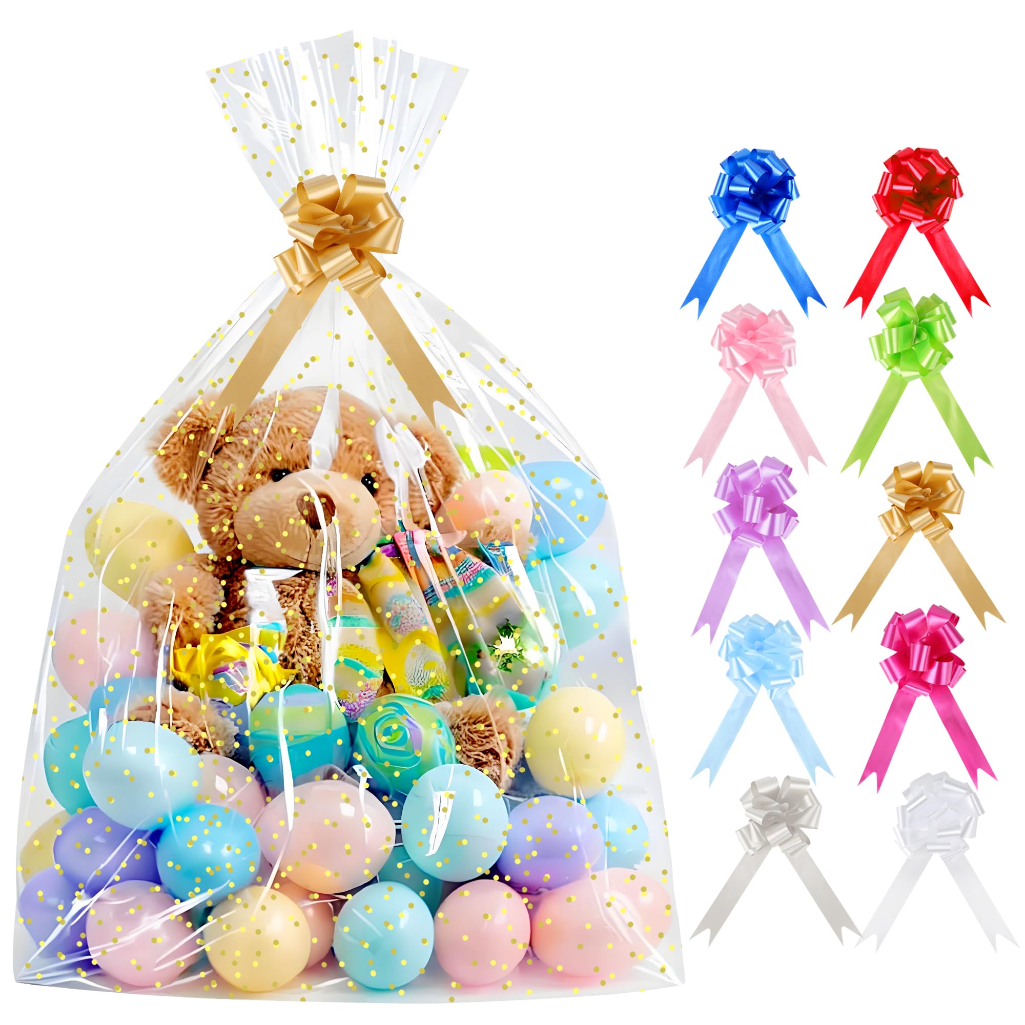 CMFYHM 10 Pack Large Cello/Cellophane Bags with Gold Polka Dots (30in x 40in) - Clear Plastic Gift Bag, Cellophane Gift Bags Wrapping for Gift Baskets