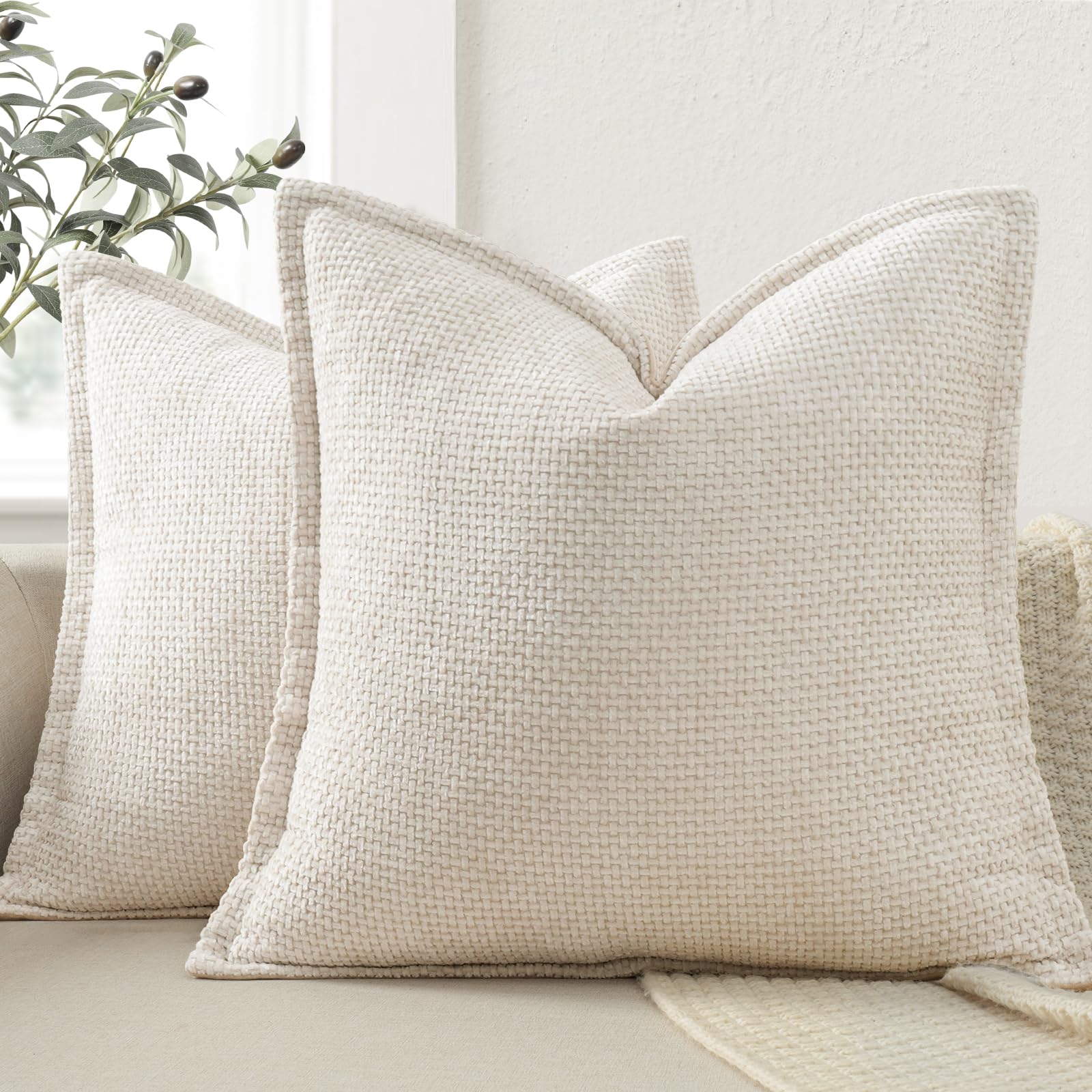 ZWJD Soft Chenille Cushion Covers 45x45 2 Pack, Decorative Cushions with Pressed Edge Design, Beige Luxury Home Decor Pillow Covers for Sofa, Couch, Bed, Living Room & Bedroom Modern Home Décor