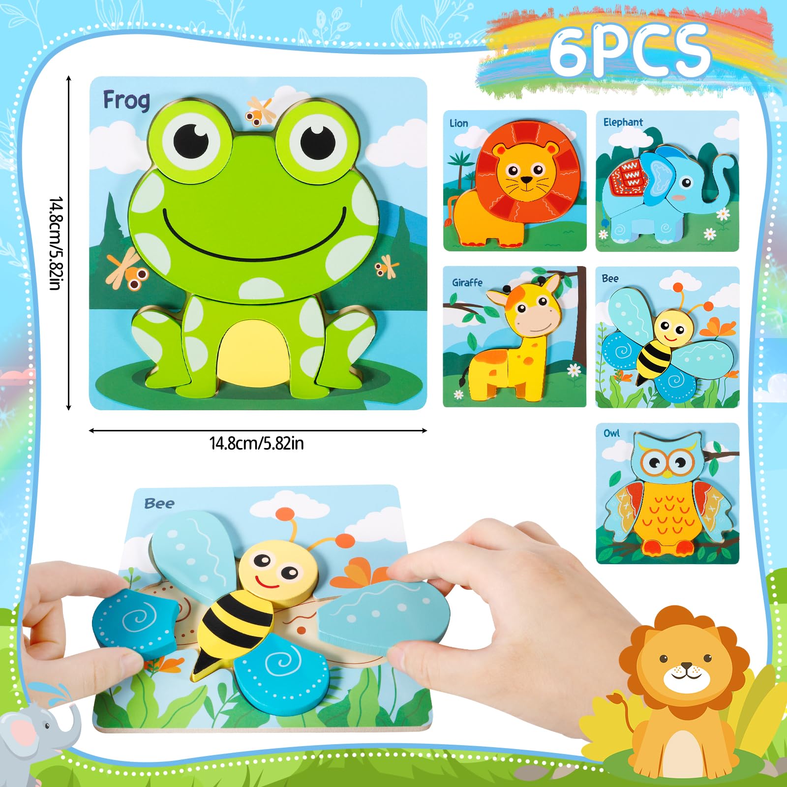 Holzpuzzle Für Kinder – 6 Tierische Steckpuzzle Aus Holz, Für Kleinkinder Ab 1-3 Jahren