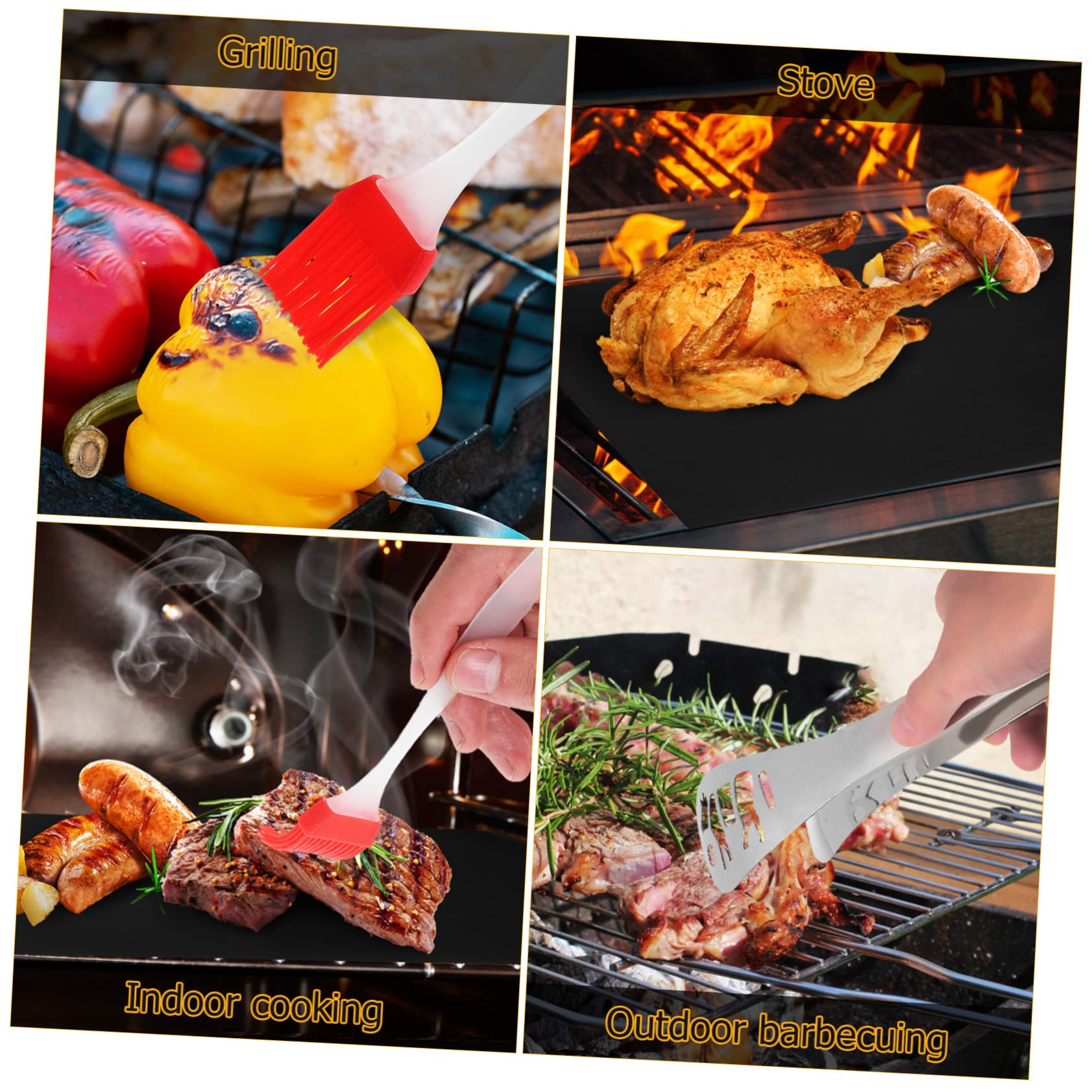 ibasenice Grill Mat Set 4 BBQ Mats 2 Silicone Brushes 2 Stainless Tongs for Gas Grills Outdoor BBQ