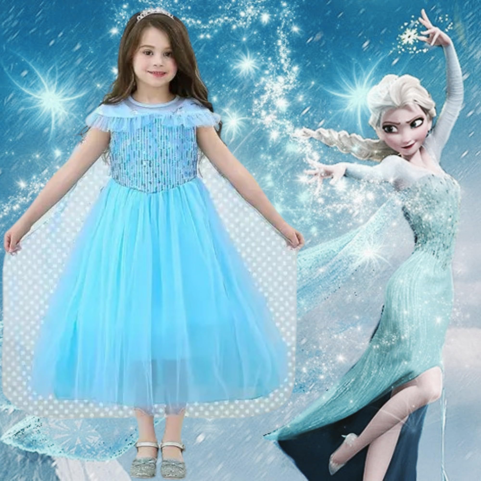 KMEXIM Forzen Elsa Girls Princess Dress Costume Set with Attached Cape, Crown, Wig, Gloves and Wand, Ice Blue, 5-Piece Accessories Complete Set Halloween Fancydress Costumes (4 Years To 5 Years) - Image 4 thumbnail