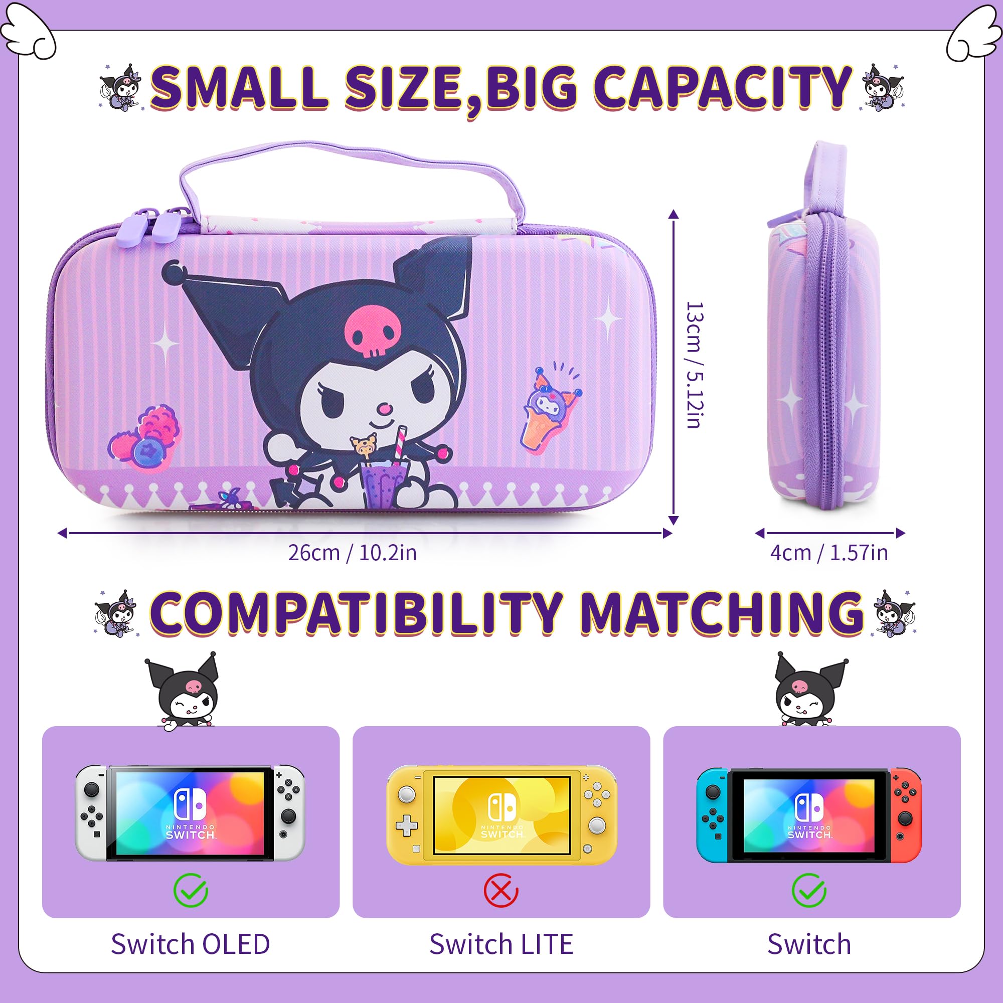 HYPERCASE Fioletowa torba podróżna z przełącznikiem NS/OLED, urocza twarda obudowa na konsolę NS/OLED, uchwyt Joycon, przechowywanie akcesoriów, z 10 przegródkami na karty i 2 nasadkami na kciuki -