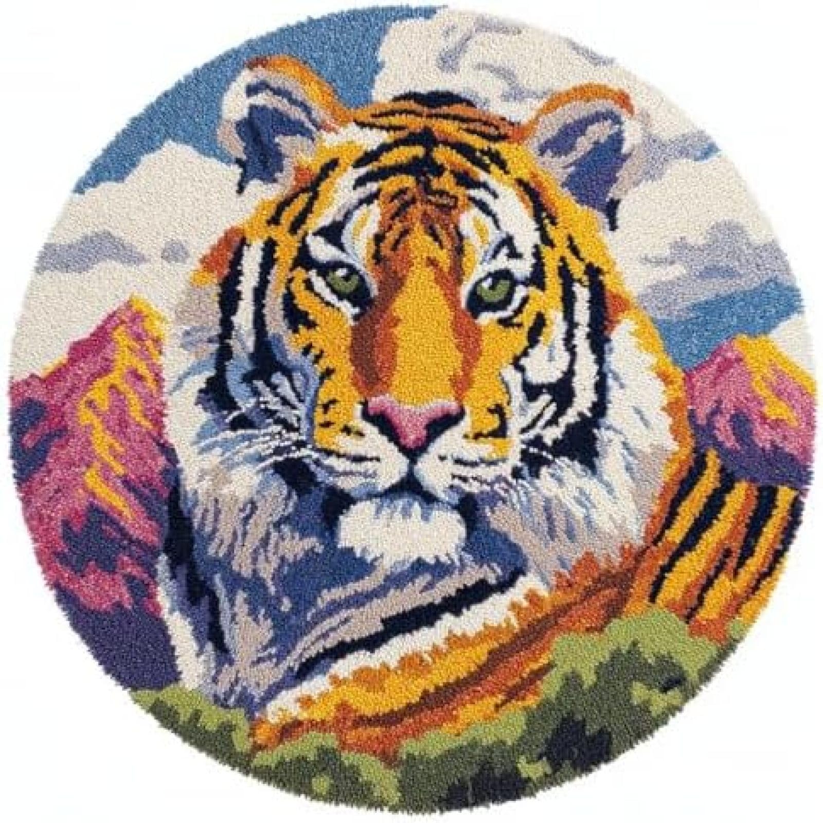XDEGHUANGSS Latch Hook Rug Kit Tiger and Mountains Round Rug 52x52cm