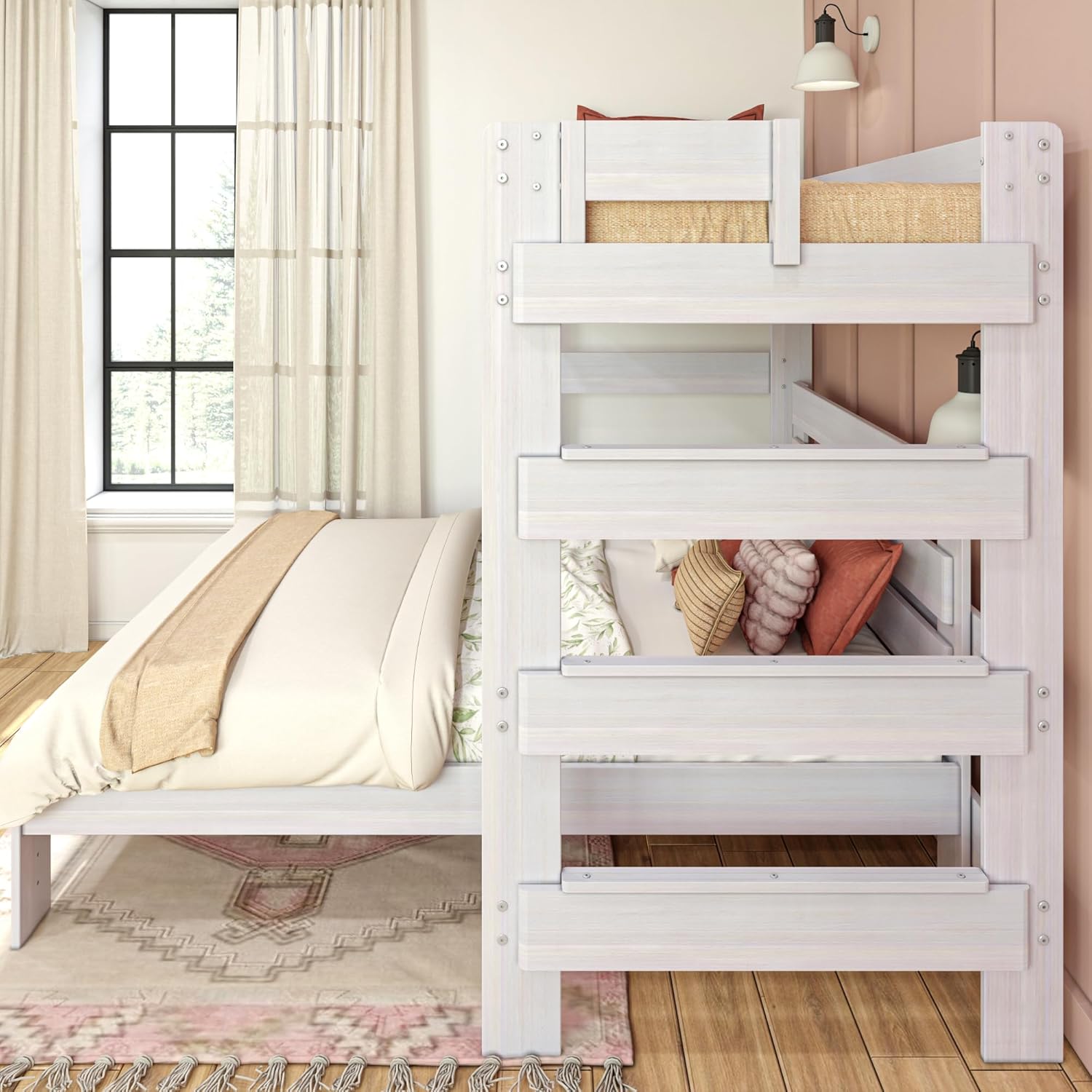 Max & Lily Modern Farmhouse Bunk Bed, L Shape Twin-Over-Queen Bed Frame For Kids, White Wash