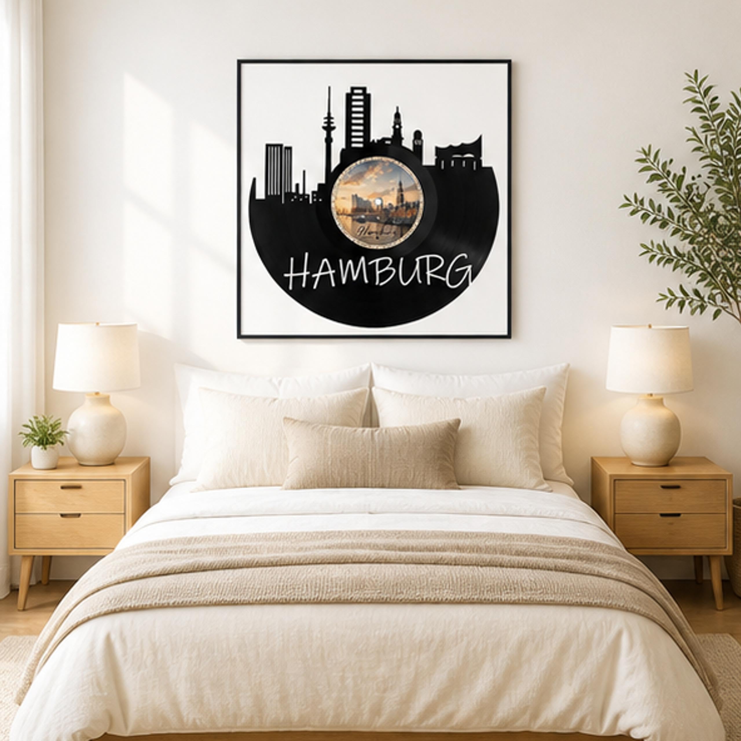 EVEVO Dekoracja ścienna z płyty gramofonowej w ramie 32 x 32 cm Hamburg – winylowa sztuka ścienna Hanzestadt prezent dla fanów Hamburga
