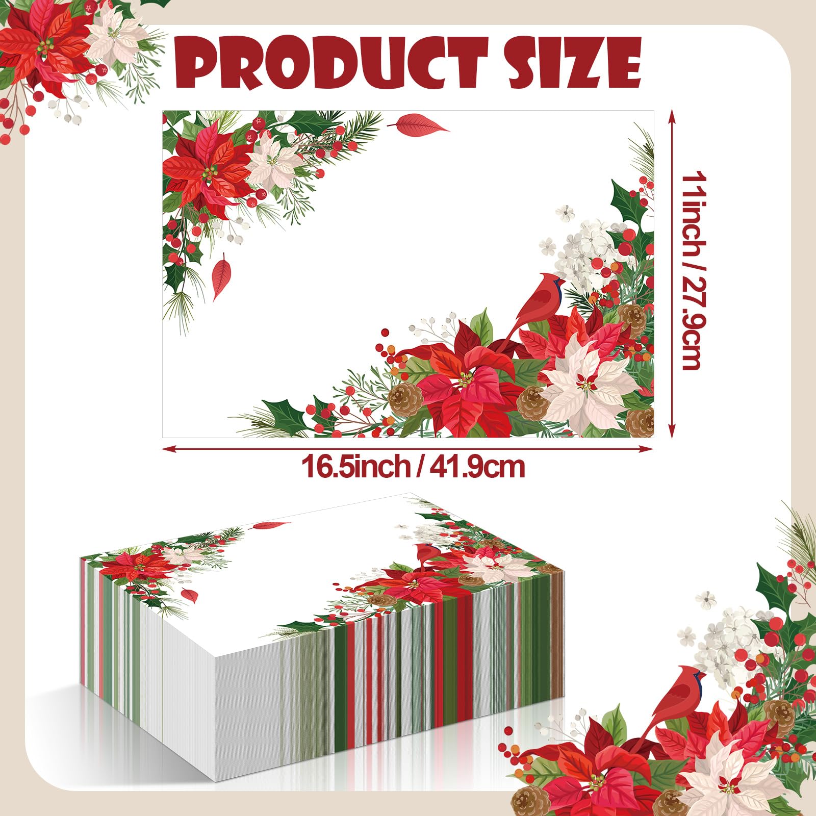Geetery Paquete de 100 manteles individuales de papel desechables de Navidad, a granel, manteles individuales de papel para mesa de cena, celebración de Navidad, decoración de fiesta de acebo de