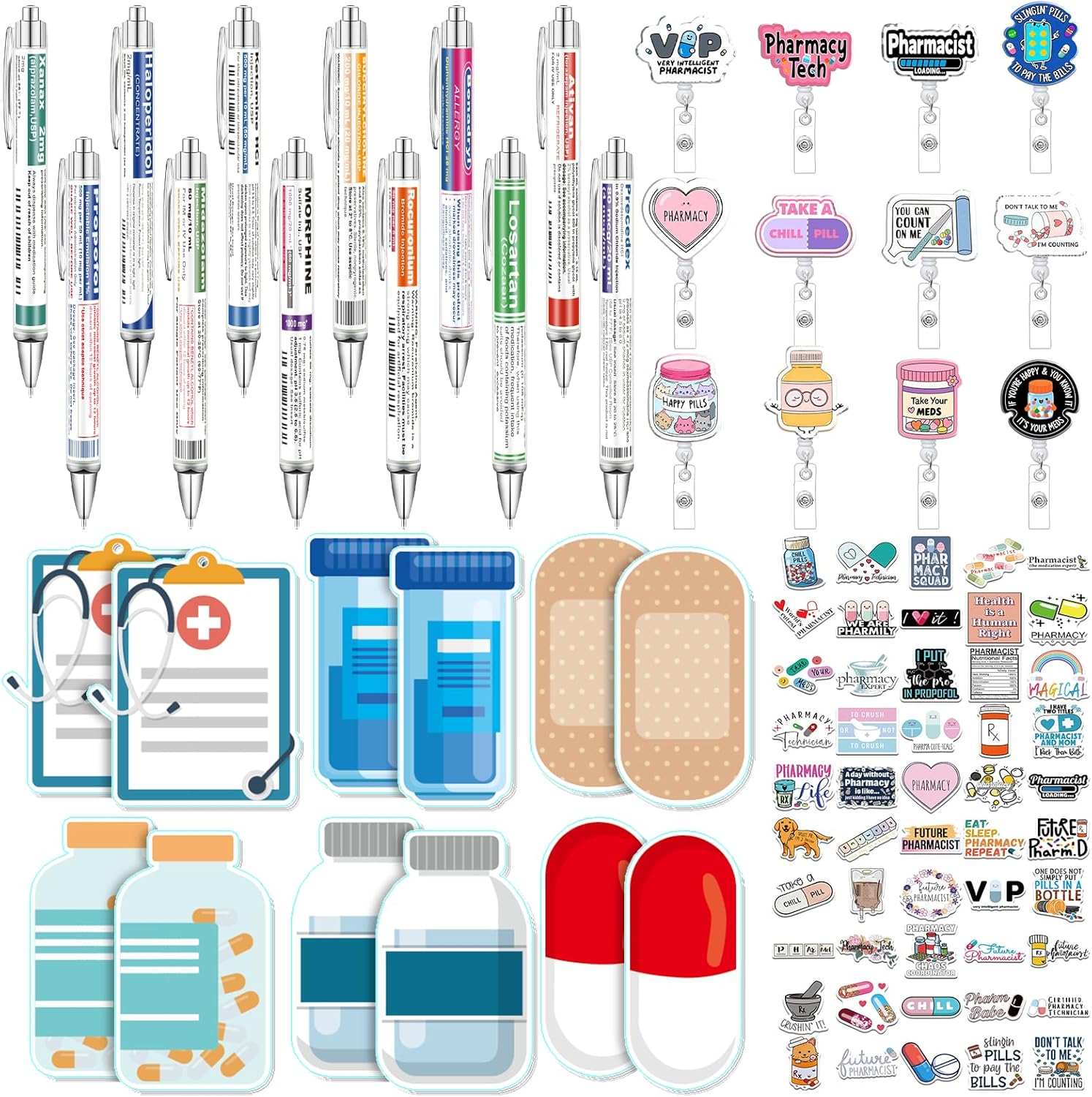 86 Pcs Pharmacy Technician Gift Include Pharmacy Pens Pharmacist Sticky Notes Badge Reels Stickers for Pharmacist Gifts Set Doctor Nurses Week Medical Assistant Technician Clinic Supplies