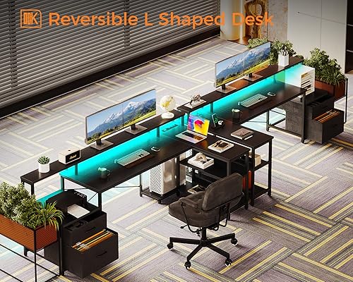 Miniatura 7 de ODK Escritorio en forma de L con cajón de archivos, escritorio reversible en forma de L de 75 pulgadas con toma de corriente y tira LED, escritorio