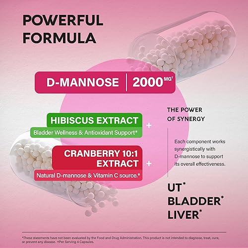 Vista 6 de D-manosa de 2000 mg con arándano e hibisco - Resistencia clínicamente probada para la salud del tracto urinario - Suplemento para mujeres - Soporte