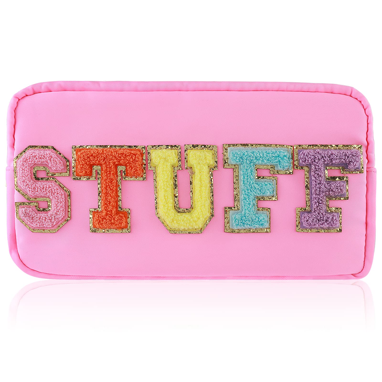 WLLHYF Makeup Bag Preppy Style Patch Canvas Cosmetic Bag Waterproof Portable Stuff Bag Double Layer Bronzing Embroidery Travel Organizer Accessory Small Toiletry Bag for Women Girls (Pink)