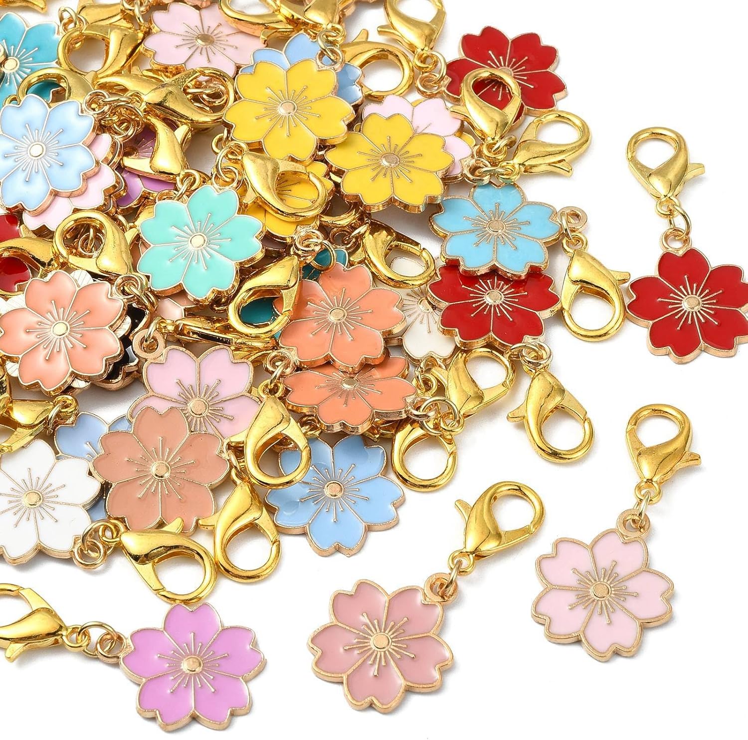 Ipotkitt 100 Pcs Alloy Enamel Flower Stitch Markers Spring Charms with Lobster Clasps Colorful Cherry Blossom Clip on Charms for Weaving Sewing Jewelry Making