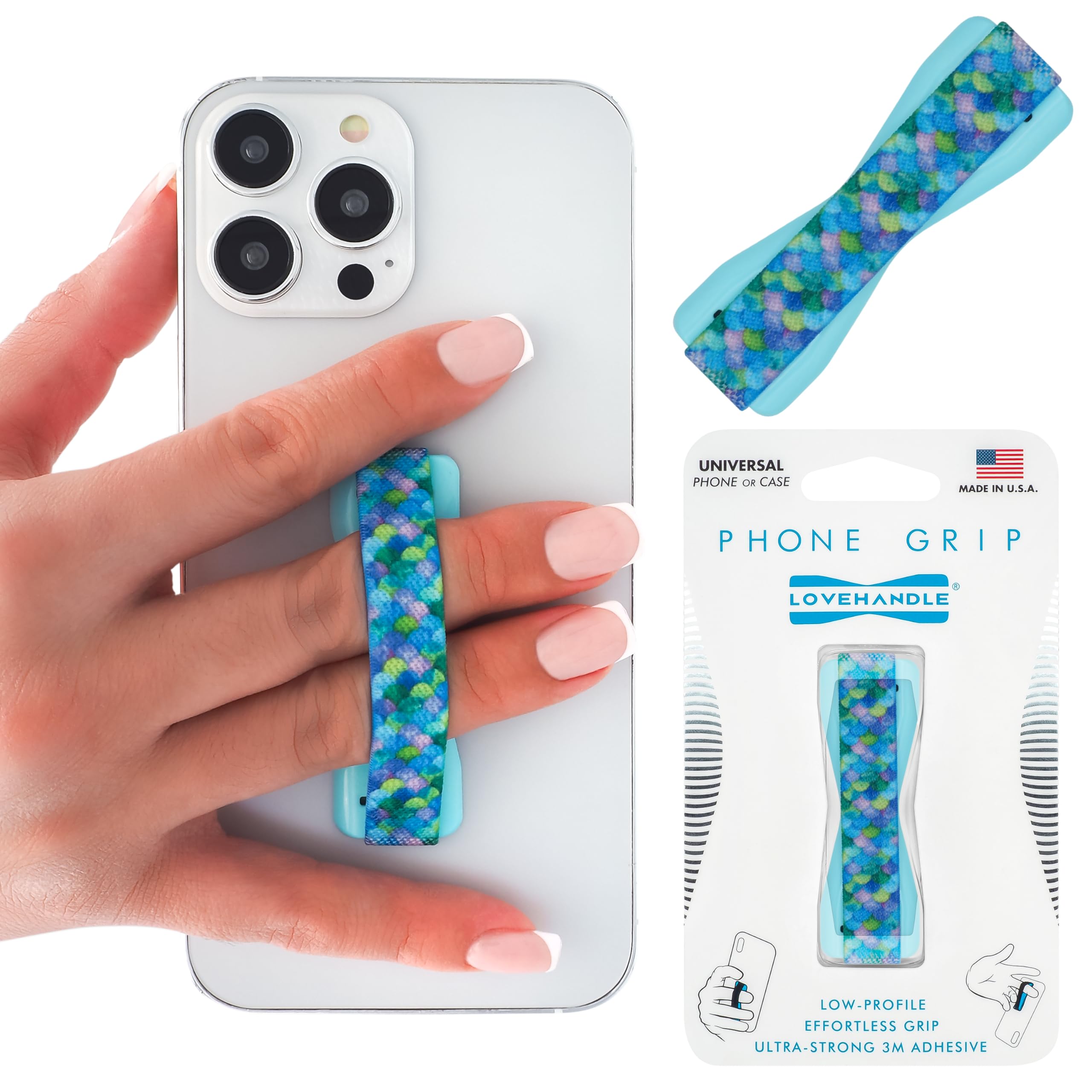 LOVEHANDLE Universal Phone Grip for Smartphones & Mini Tablets - Phone Holder for Hand - Wireless Charging Compatible - Made in The USA - Mermaid Scales