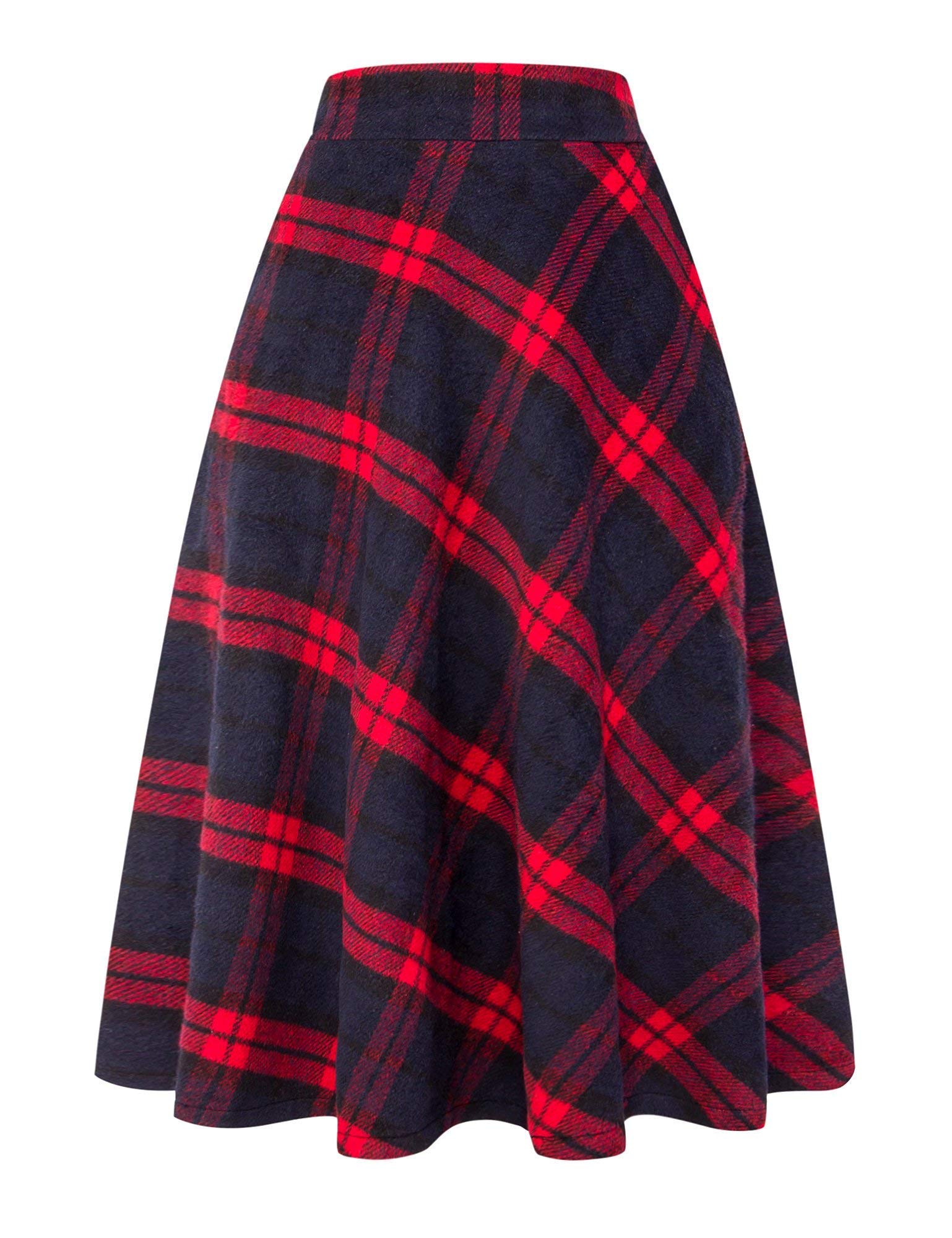 IDEALSANXUN Womens Plaid Wool Skirts Elastic Waist A-Line Pleated Tartan Long Skirts: X-Small Long Red