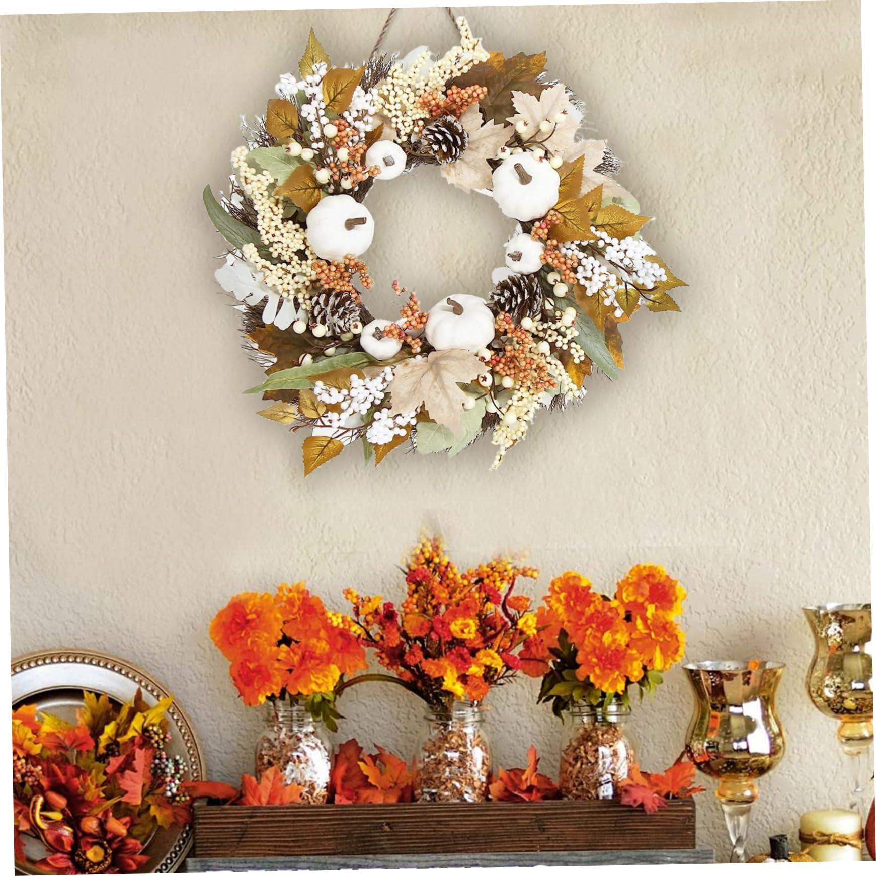 Herbstkranz Für Haustür - 45cm Dekoration Mit Ahornblättern, Kürbis & Tannenzapfen