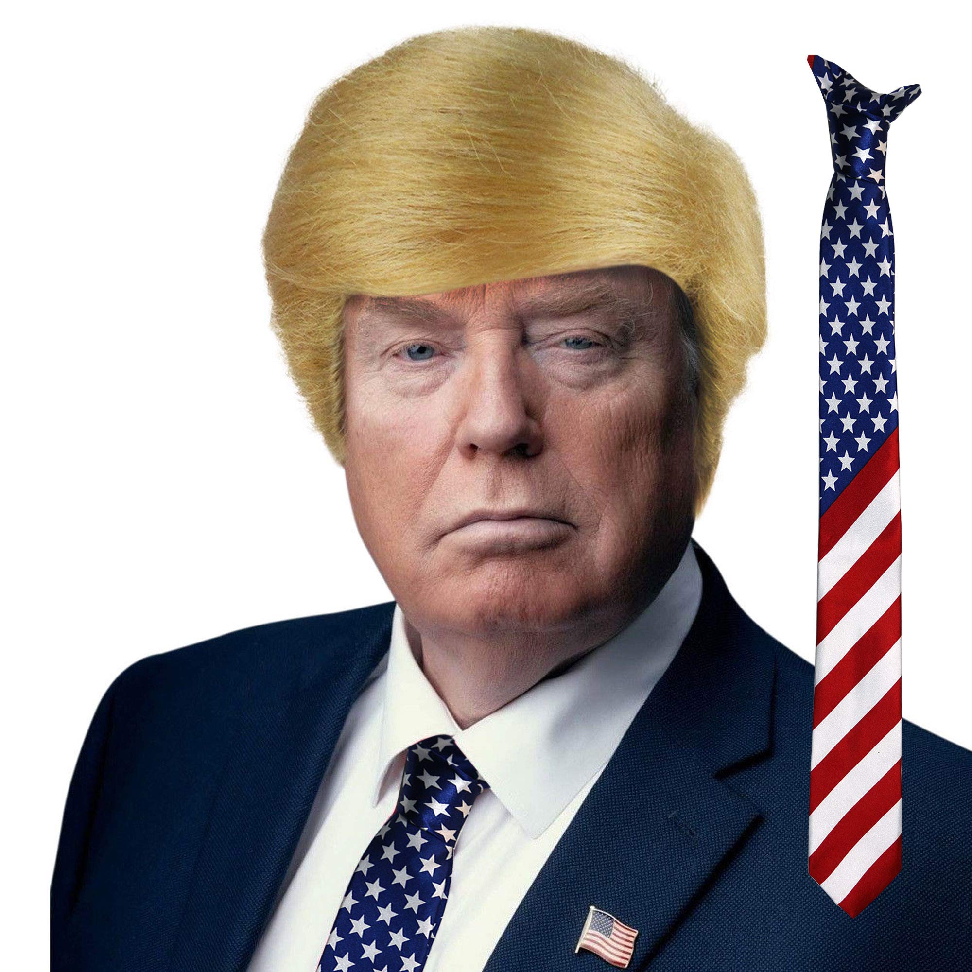 Robelli Blonde USA President Wig With Stars & Stripes Tie Set, Blonde, Blue, Red - Image 2