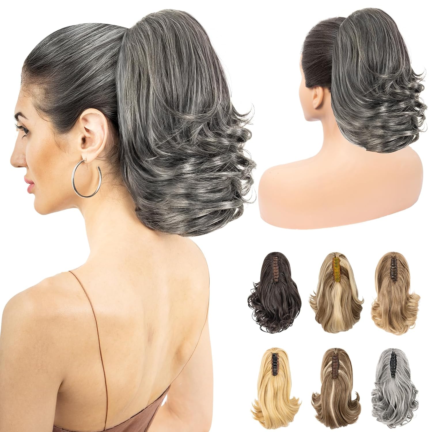 Incomplete 11” Classic Loose Curly Claw Clip In Ponytail Extension, Short Curly Wavy Claw Clip On Ponytails Hair Extensions Hairpieces for Women- Gray