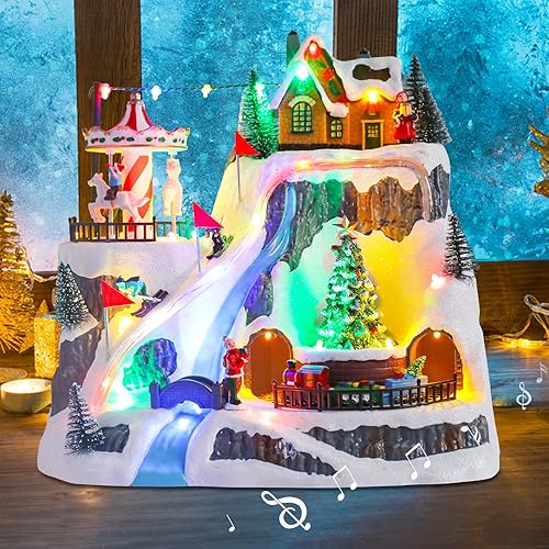 Miniatura 31 de Casa de pueblo de Navidad, edificios coleccionables musicales de Navidad, rotación de tren de hoguera con luces LED, aldea de vacaciones con USB