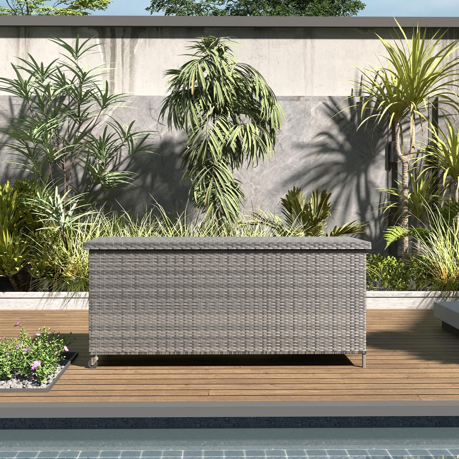 UDPATIO Gartenbox Wasserdicht 480L mit Rollen, Aufbewahrungsbox Garten, Auflagenbox Wetterfest, Kissenbox Outdoor mit Deckel, Gasdruckfedern, ideal für Garten, Terrasse & Balkon | Grau