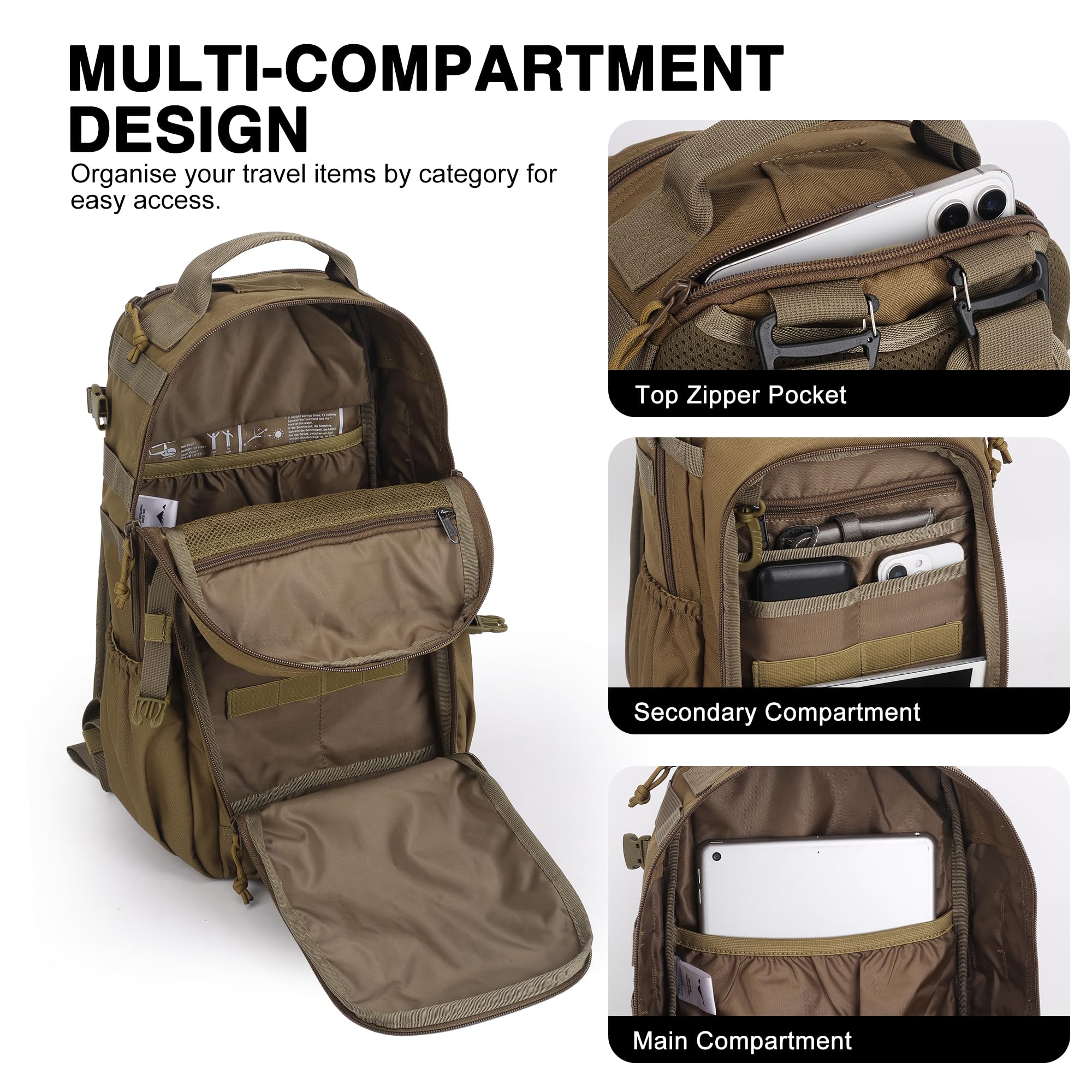 Mardingtop Plecak taktyczny męski 18 l/25 l, ze zdejmowanymi szelkami, Khaki 25L, 25L, Taktyczne
