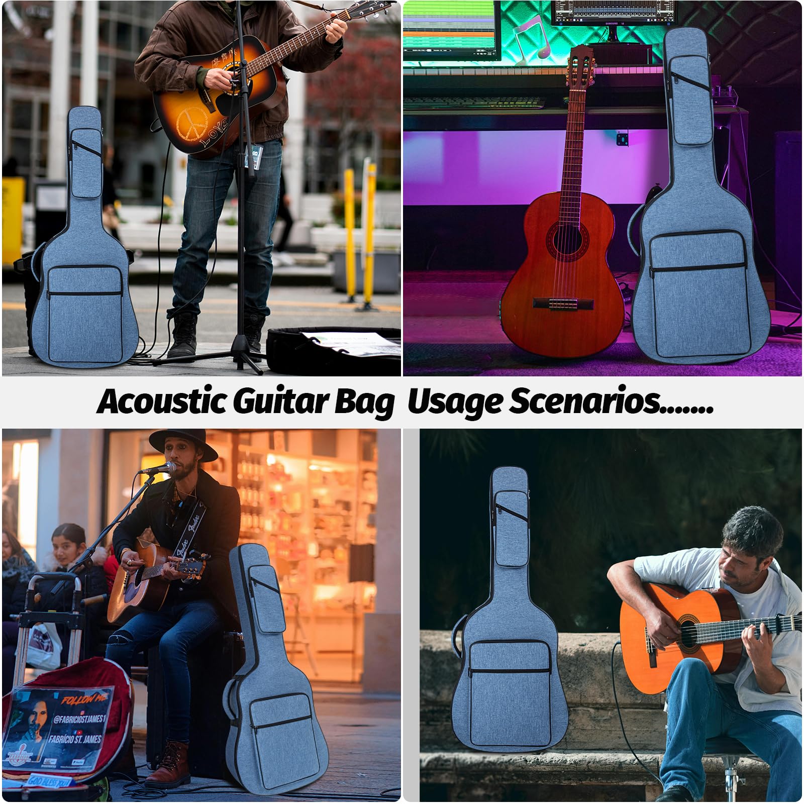 Custodia per chitarra acustica con imbottitura spessa 0,9 cm, resistente all'acqua, doppia tracolla regolabile, custodia per chitarra con gancio posteriore