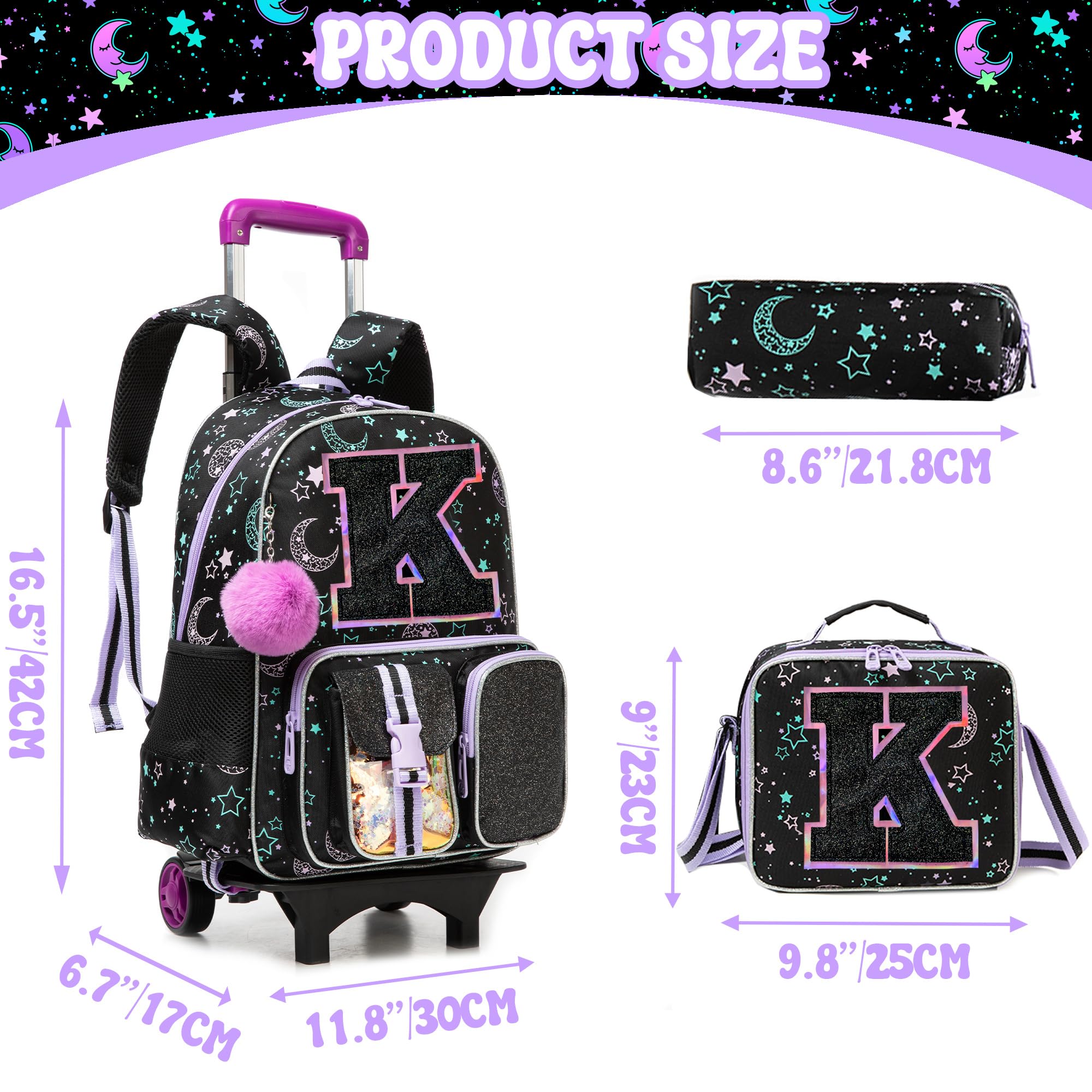 HTgroce Zaino Trolley con Scuola Elementare Bambina Zainetto Con Trolley Con Borsa Per La Merenda E Astuccio