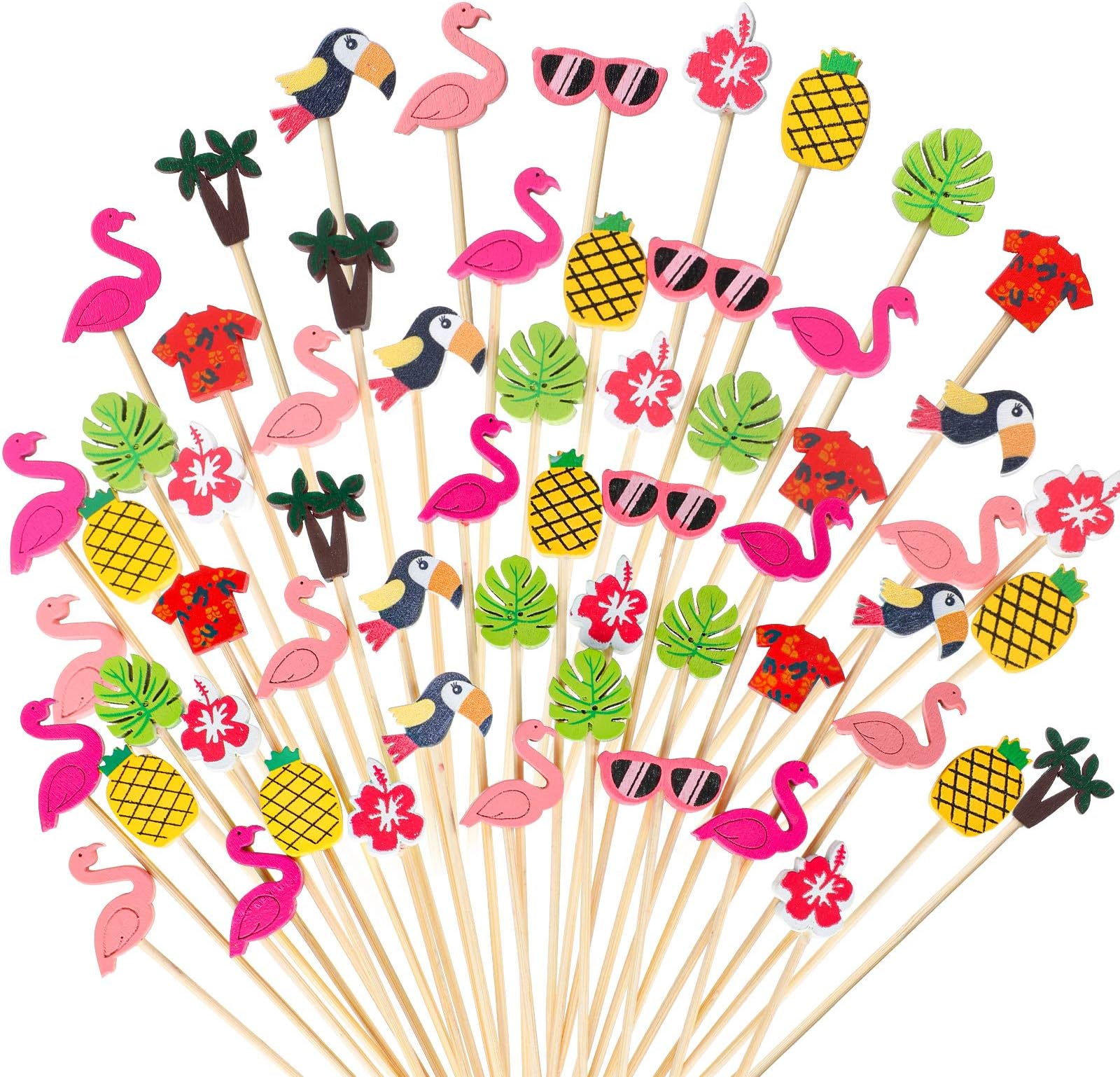 PatelaiHawaiian Luau Assorted Tropical Cocktail Toothpick Flamingo Pineapple Toucan Palm Leaf Handmade Bamboo Toothpicks for Luau Hawaii Beach Holiday Party Supplies (100)