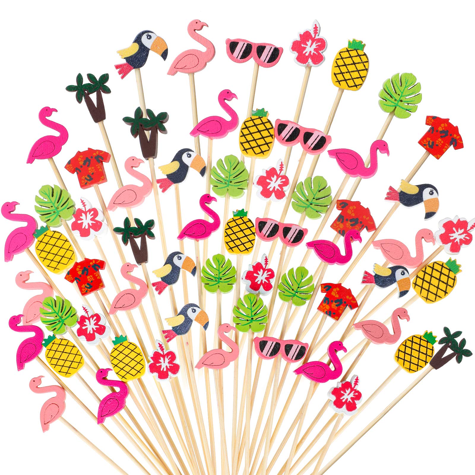 PatelaiHawaiian Luau Assorted Tropical Cocktail Toothpick Flamingo Pineapple Toucan Palm Leaf Handmade Bamboo Toothpicks for Luau Hawaii Beach Holiday Party Supplies (100)