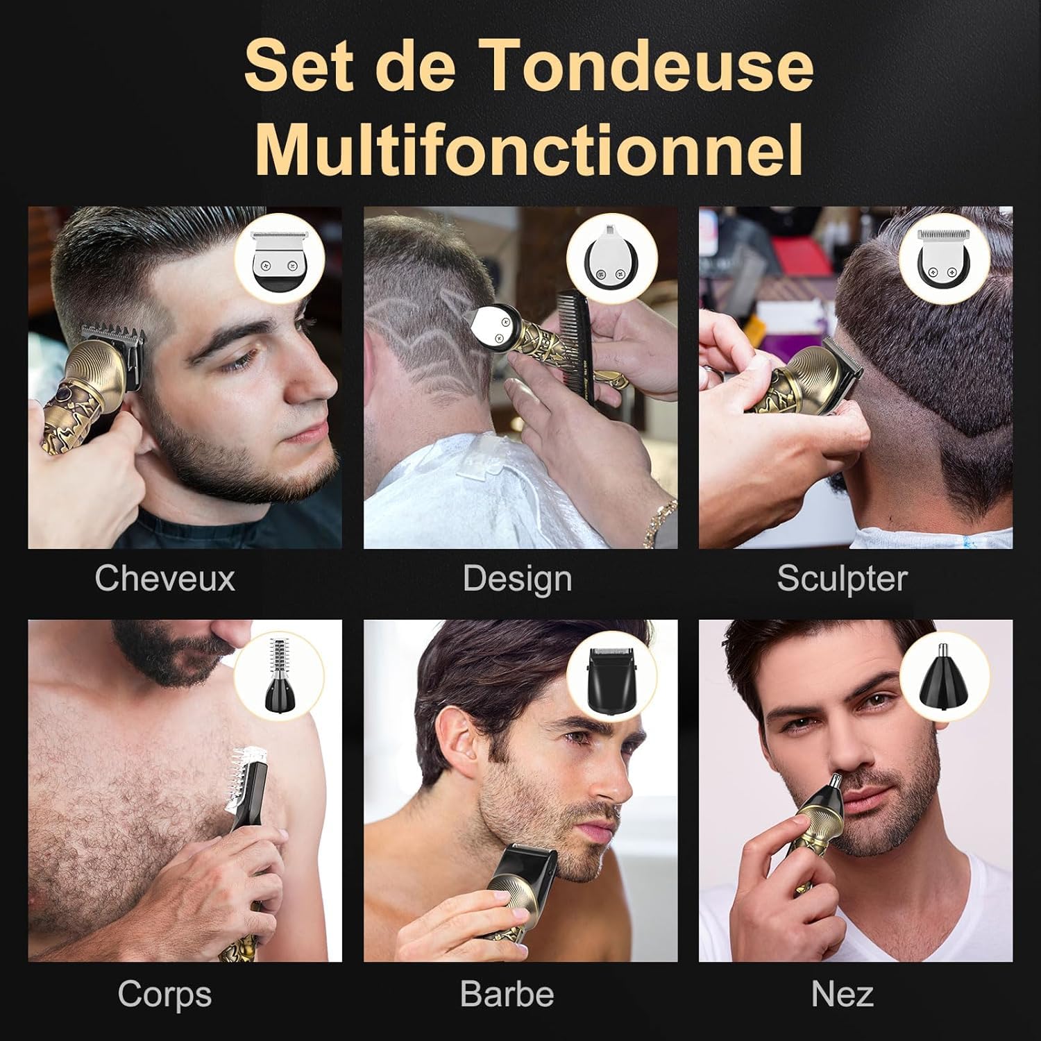 Professionnelle Tondeuse Cheveux Barbe Homme Sans Fil Rasoir avec Affichage Type-C USB, Kit 5-en-1 pour Homme