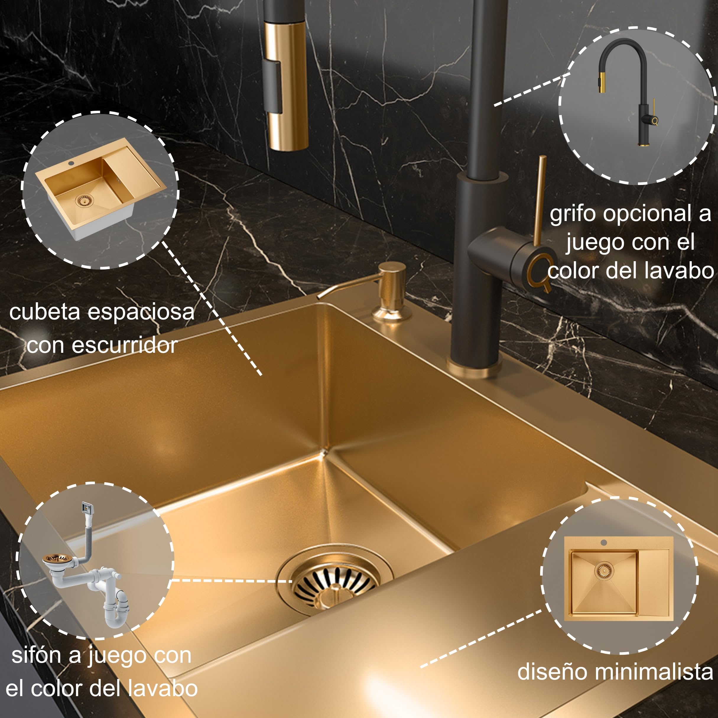QUADRON fregadero de acero inoxidable | tamaño 62 x 48 x 20 cm color: plata | fregadero de un seno RUSSEL 116 fregadero de cocina de un seno con cámara de acero | con sifón y tapón de rosca