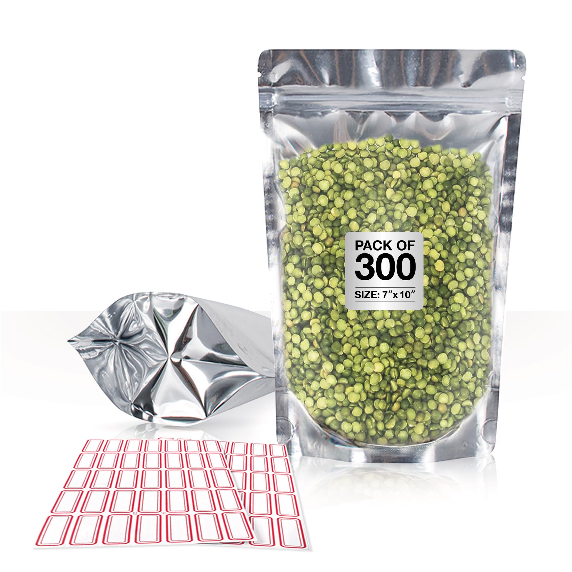 BELLE KR® 7x10 Quart Mylar Bags for Food Storage - Pack Of 300-7.5mil Thick - Gusseted Bottom - Clear Mylar Bags with See Through Window for Freeze