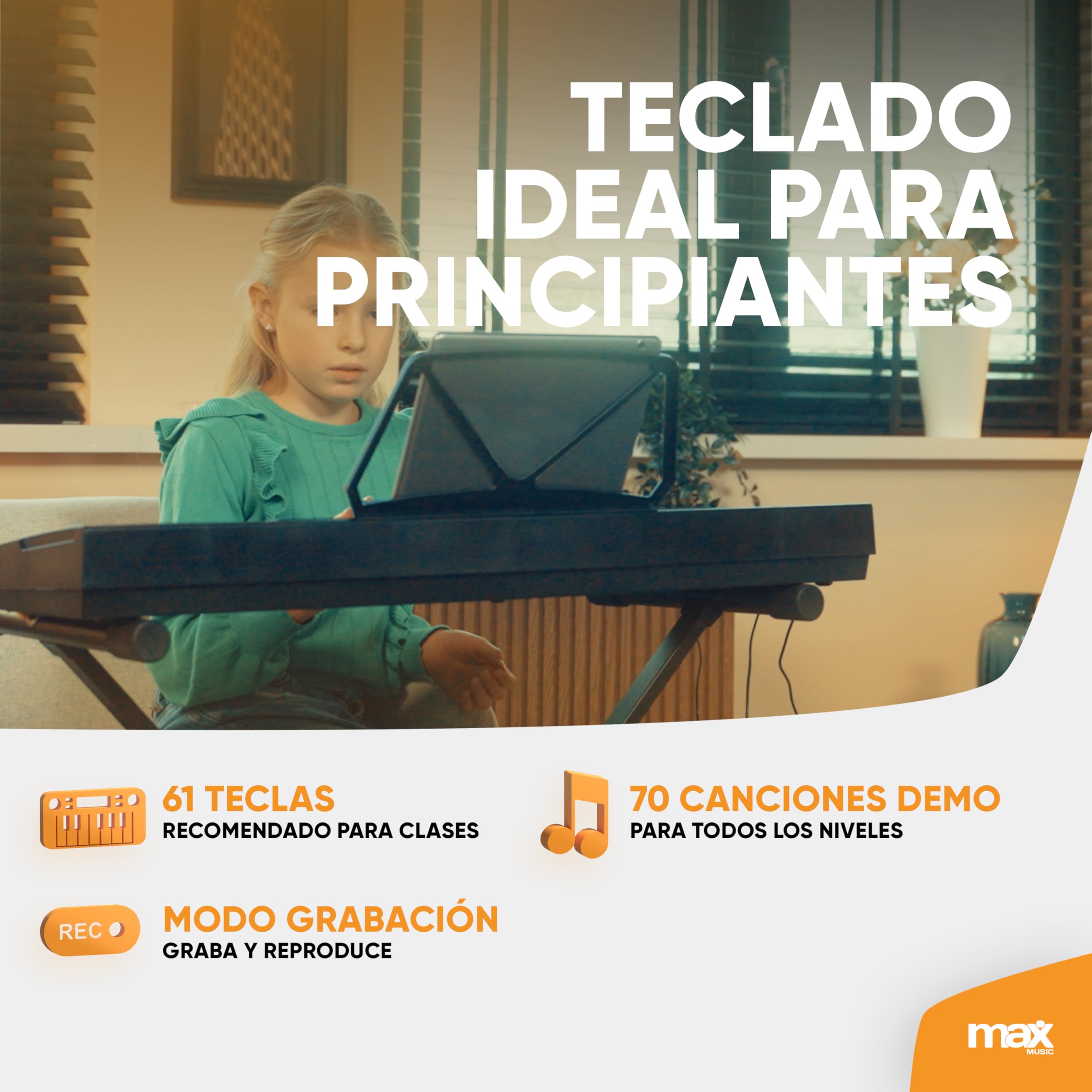 MAX KB15 - Teclado piano con 61 teclas, micrófono y pantalla, teclado con soporte, 8 horas de batería, 70 canciones, 16 sonidos, 8 percusiones, función de aprendizaje, teclado piano para niños, USB-C