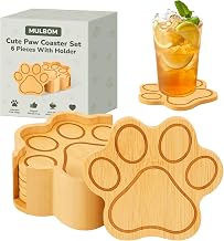 Bamboo Paw Shaped Coasters Set of 6 with Holder, Natural and Eco-Friendly Coaster - Non-Slip and Scalding, Cute Cat Claw Drink Coasters, Suitable for Home Decor and Housewarming Gifts