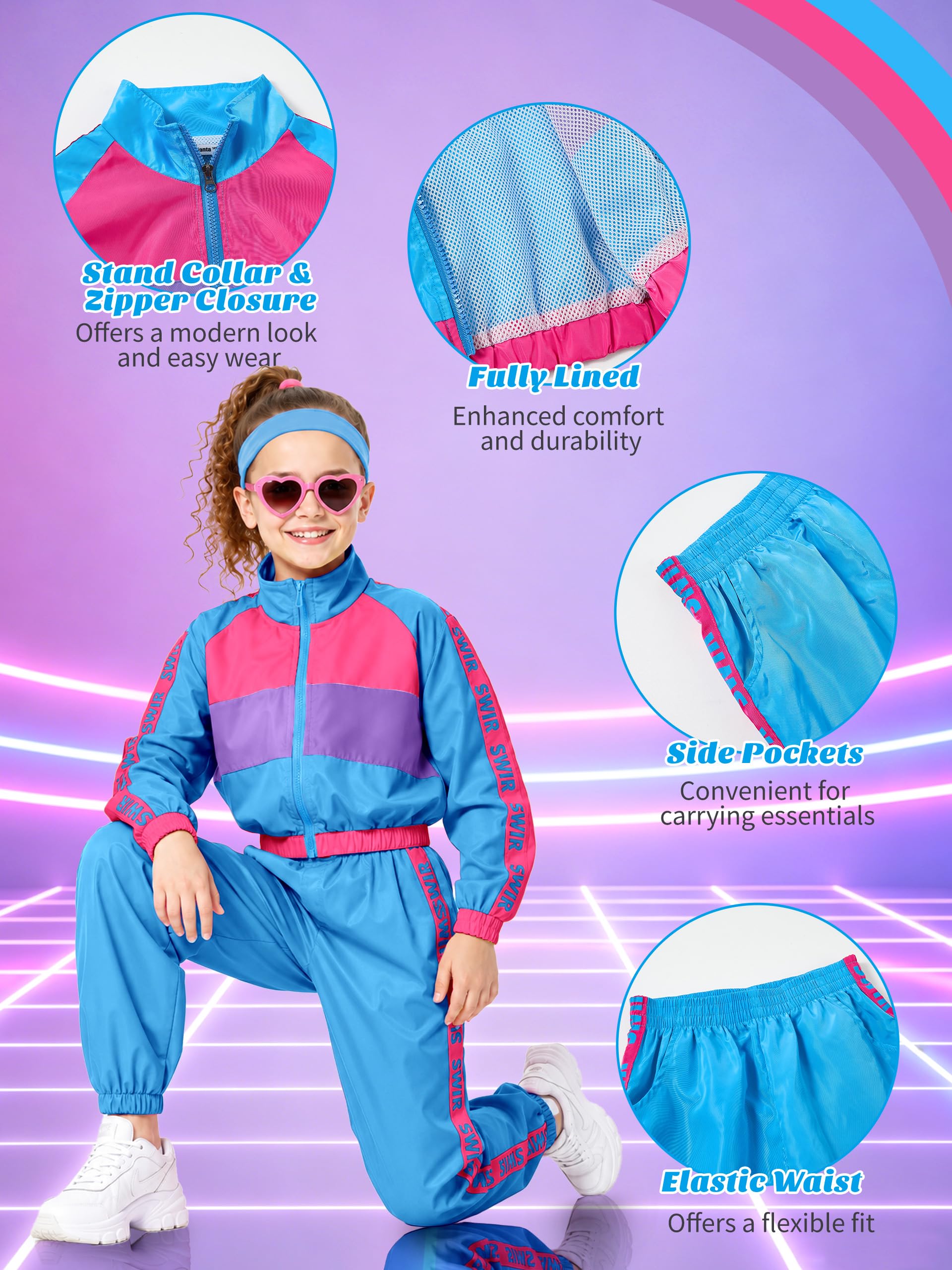 LOLANTA 3 pezzi vestiti hip hop per ragazze, tuta colorblock retrò anni '80, canotta corta, giacca con cerniera, pantaloni jogger 4-13 anni