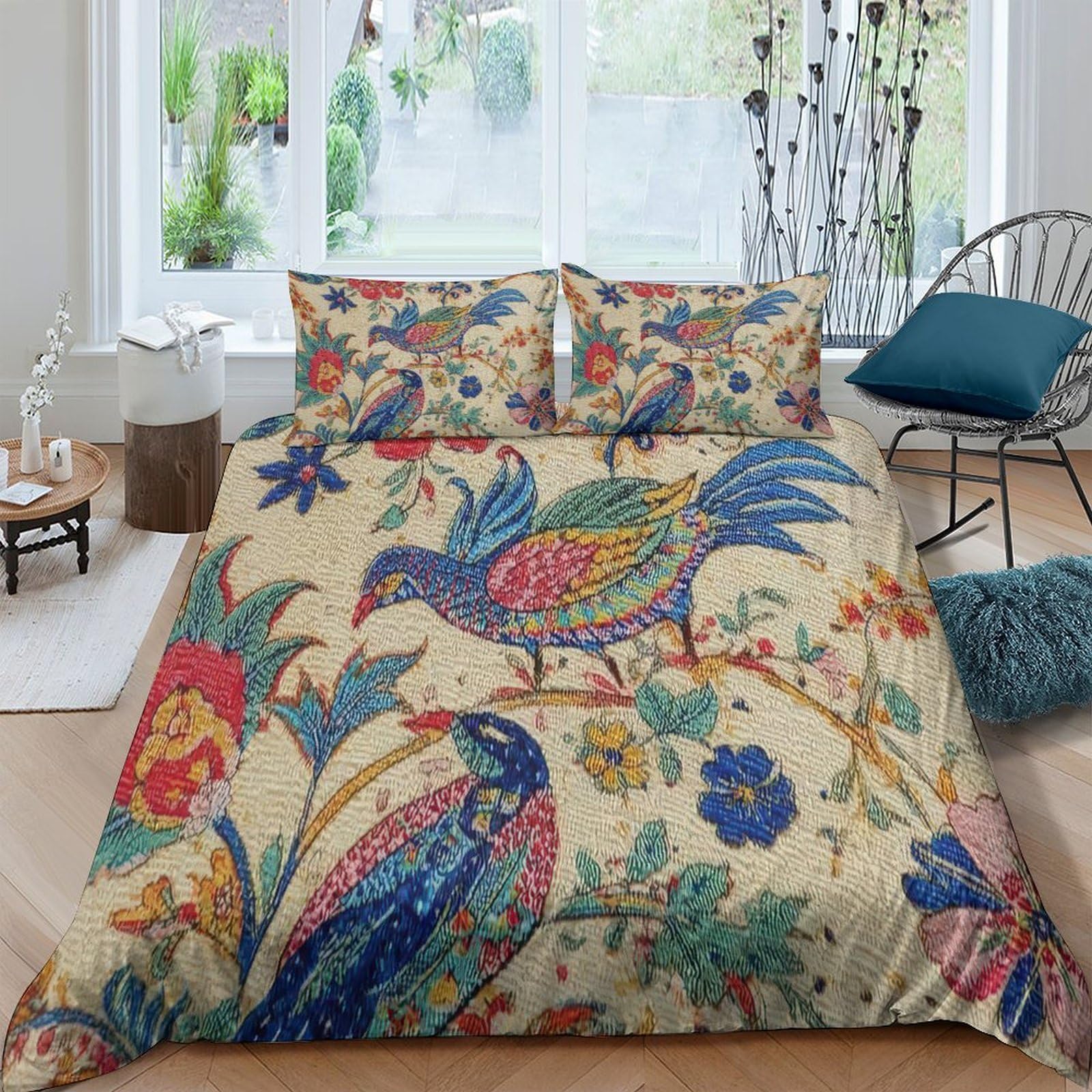 XFKLYNVCJ 3D Printed Ornate bird Bedding Cover Microfiber vibrant floral pattern Quilt Cover Machine Washable Comfortable for Birthday Gift Men Women Home Daily Bedding Use Single（140x200cm）