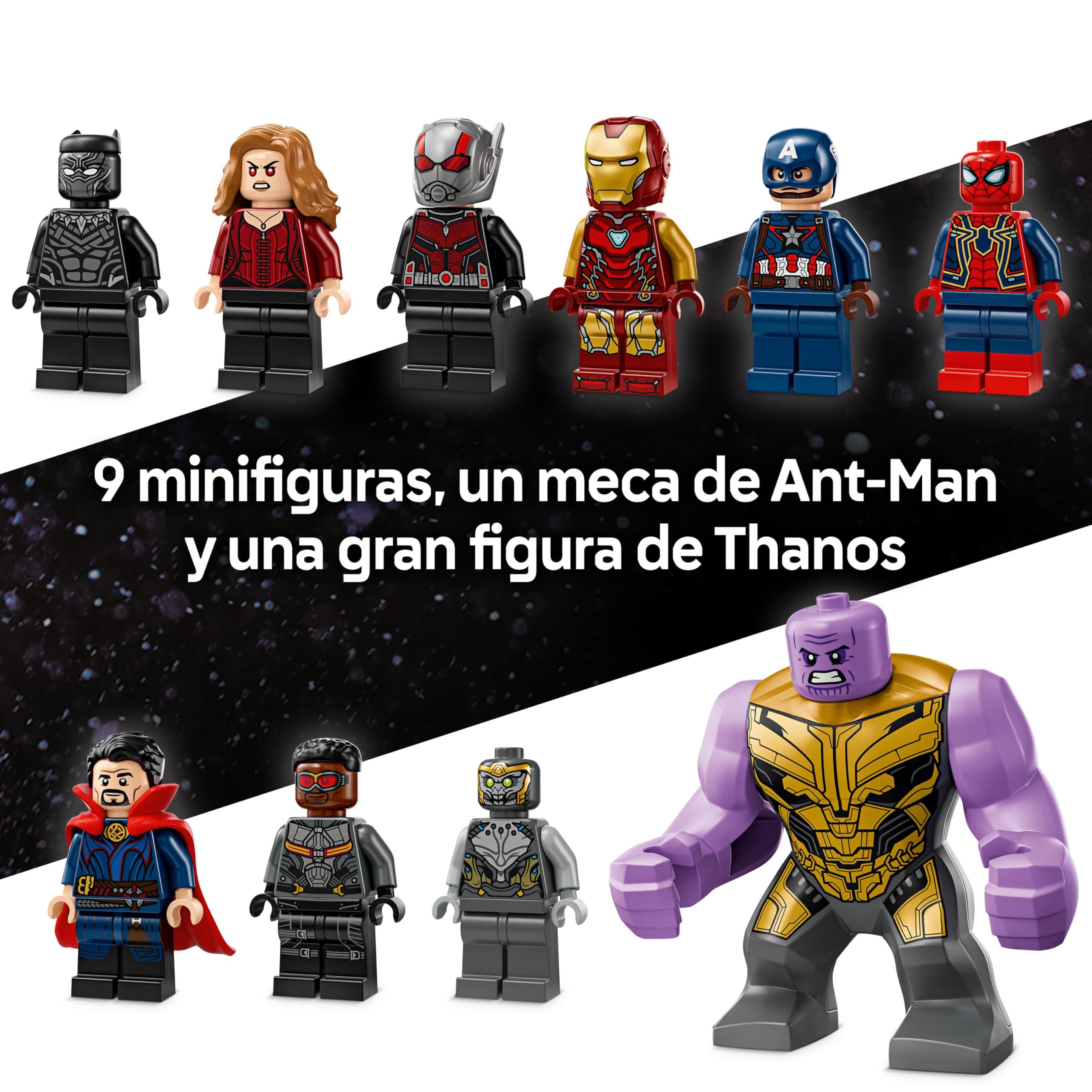 LEGO Marvel Batalla Final de Vengadores: Endgame, Juguete de Superhéroes, Figura de Thanos, Meca de Ant-Man y Minifiguras de Iron Man, Capitán América y Black Panther, Regalo para Niños y Niñas 76323