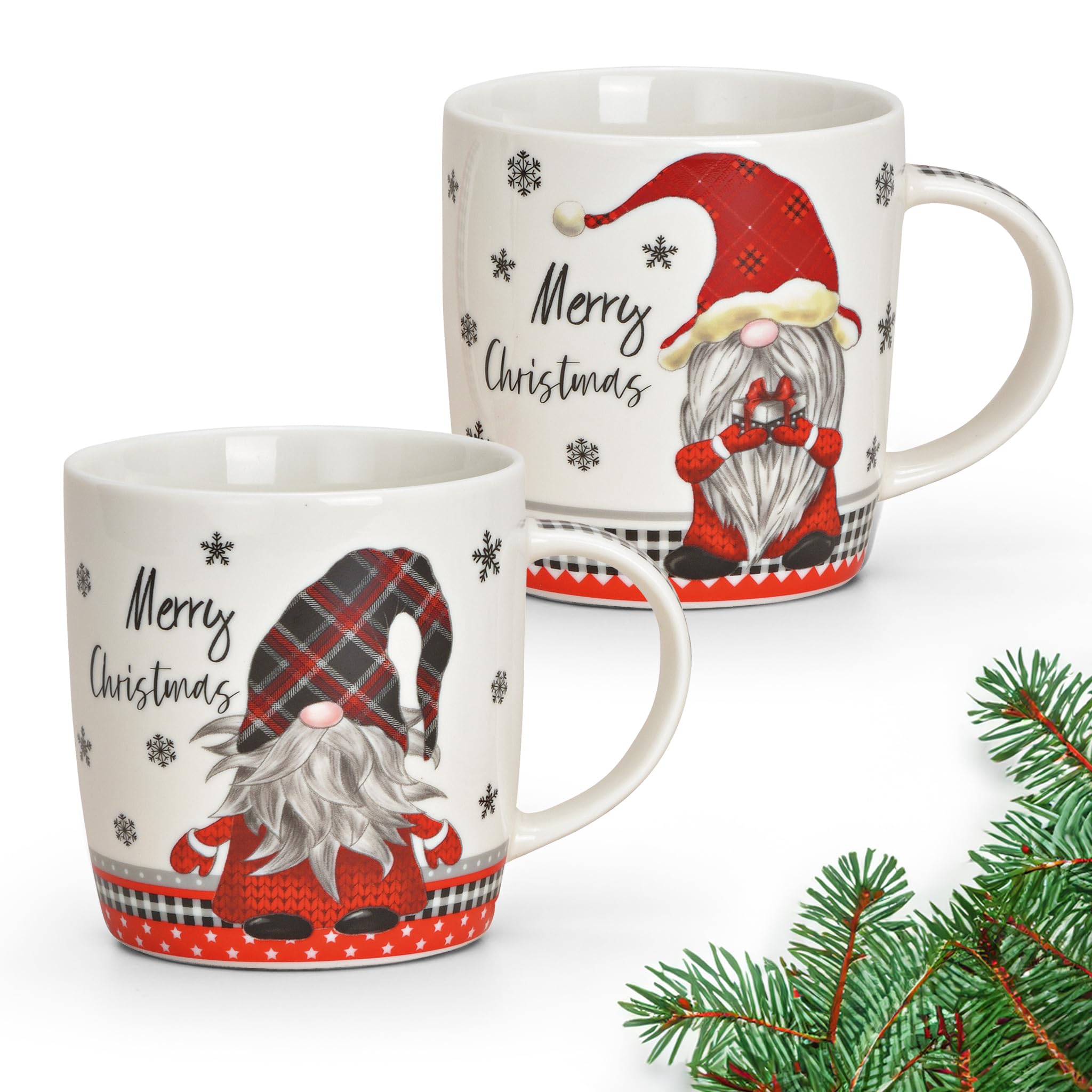 Matches21 - Tazas de café Merry Christmas, decoración navideña, gnomo gris y rojo, porcelana, 36 unidades, 12 x 9 x 8 cm, 340 ml