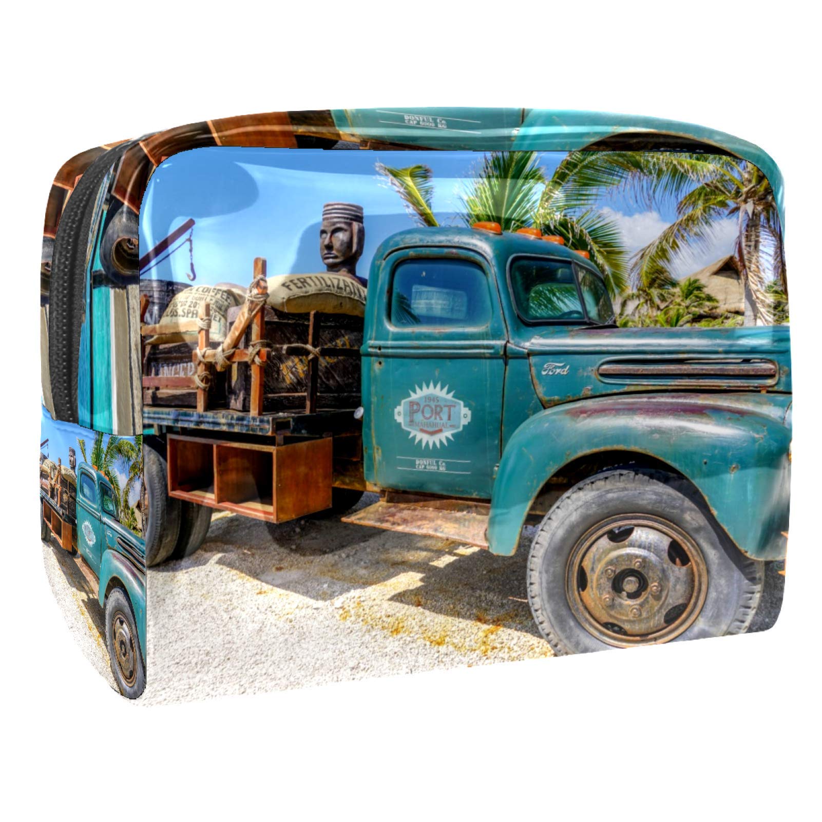 Makeup Bag PVC Zippered Toiletry Pouch Waterproof Cosmetic Bag with Truck Under The Sun for Women and Girls