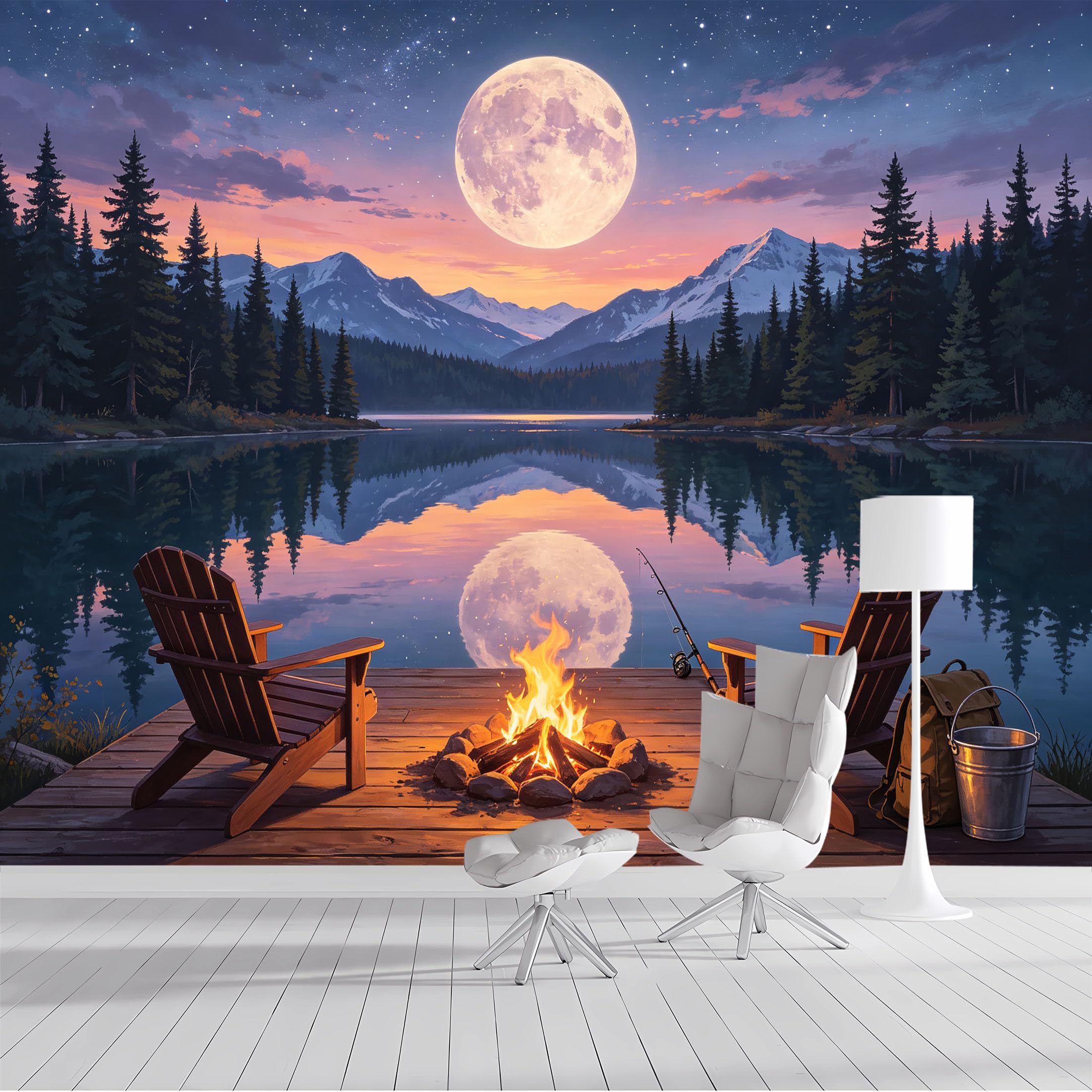 Yzpallescene Bh260711035 Custom Size Wall Mural Moonlit Mountain Lake Campfire Landscape Selfadhesive Wall Fabric Removable Peel And Stick Wallpaper Wall Decor For Living Room Bedroom Bathroom