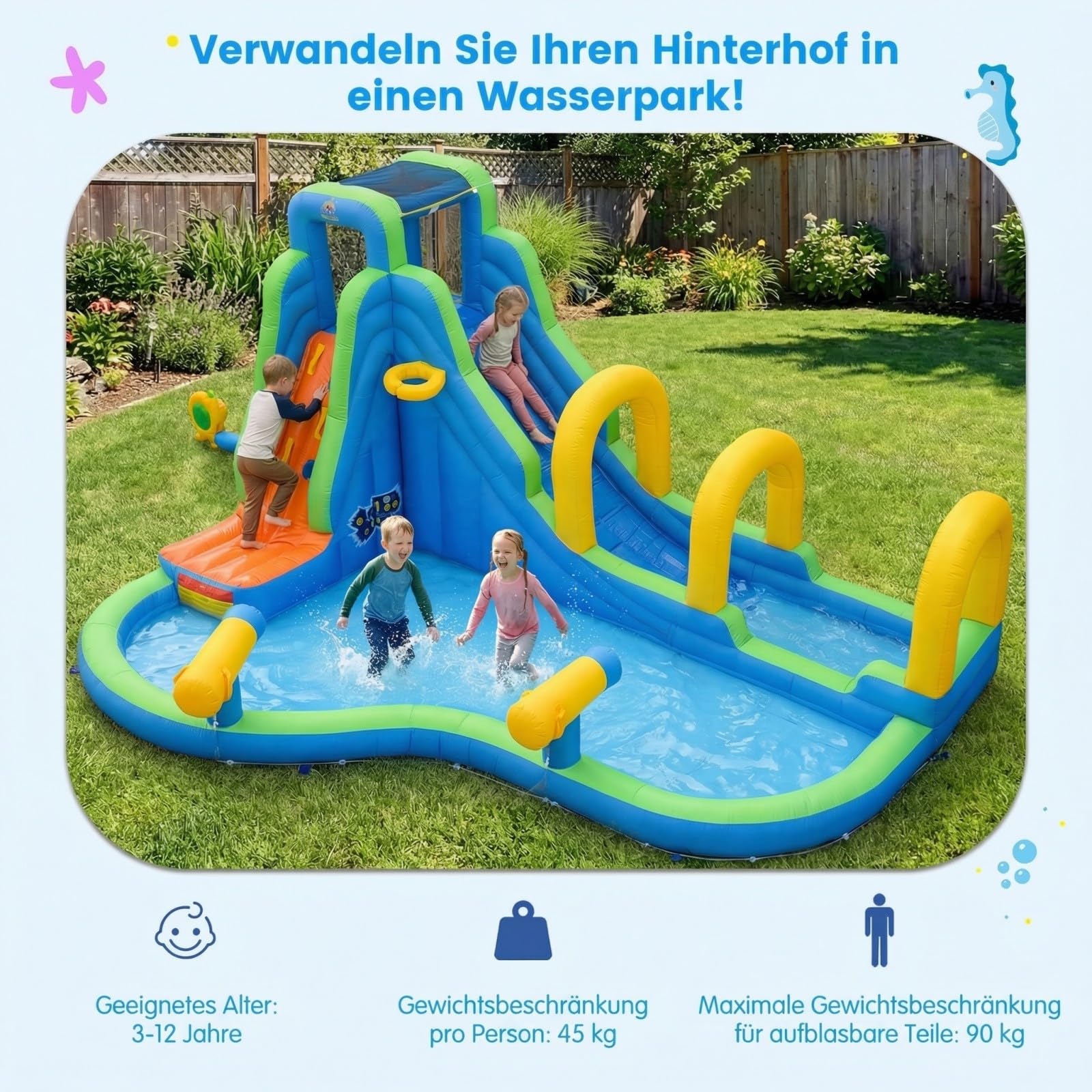 COSTWAY Hüpfburg mit Rutsche, Planschbecken, Kletterwand, Basketballkorb & 2 Wasserkanonen, Wasserhüpfburg für Kinder, Wasserpark für Außenbereich, 465 x 345 x 242 cm