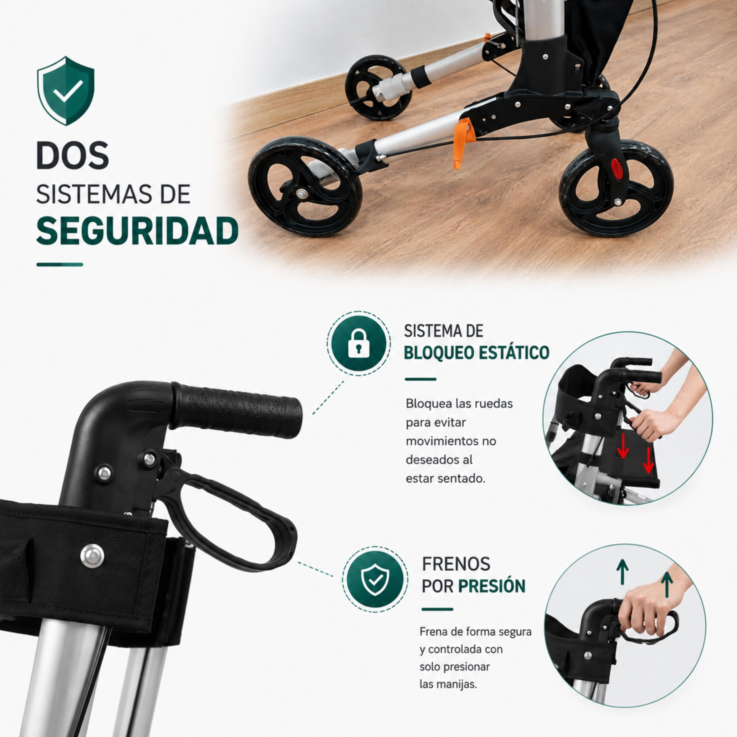 Andador MA08 plegable con asiento y respaldo, 4 Ruedas/Frenos/Saco de Compra y Porta Bastón, Altura Ajustable 83-96cm, Andador, Carro, Rollator para Ancianos MODELO MA08