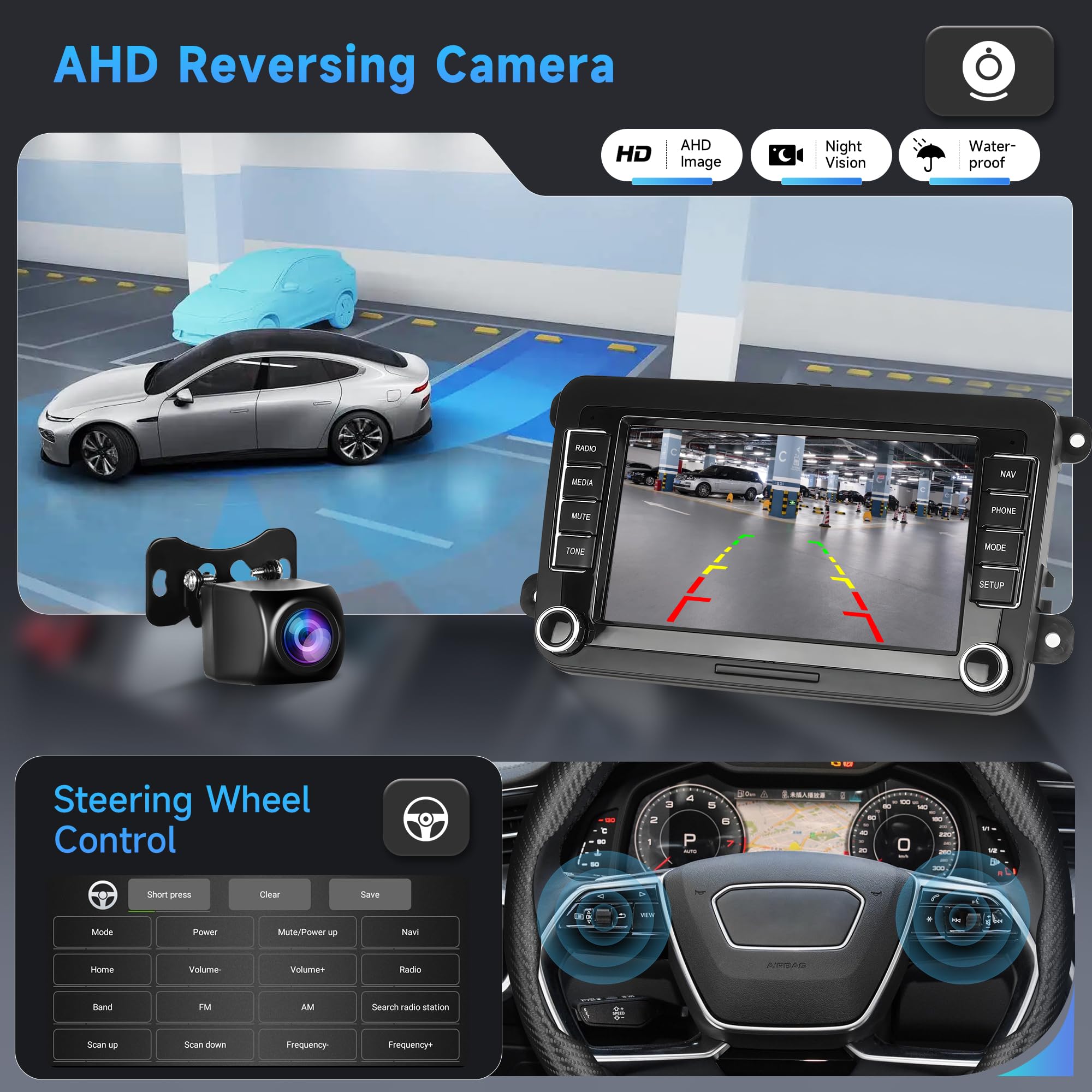2G+64G Android Autoradio per VW Golf 5 6 Passat Polo Tiguan Touran Caddy Skoda Seat 7 Pollici Wireless Carplay Autoradio con Android Auto GPS Navi WiFi Bluetooth FM/RDS Telecamera Posteriore