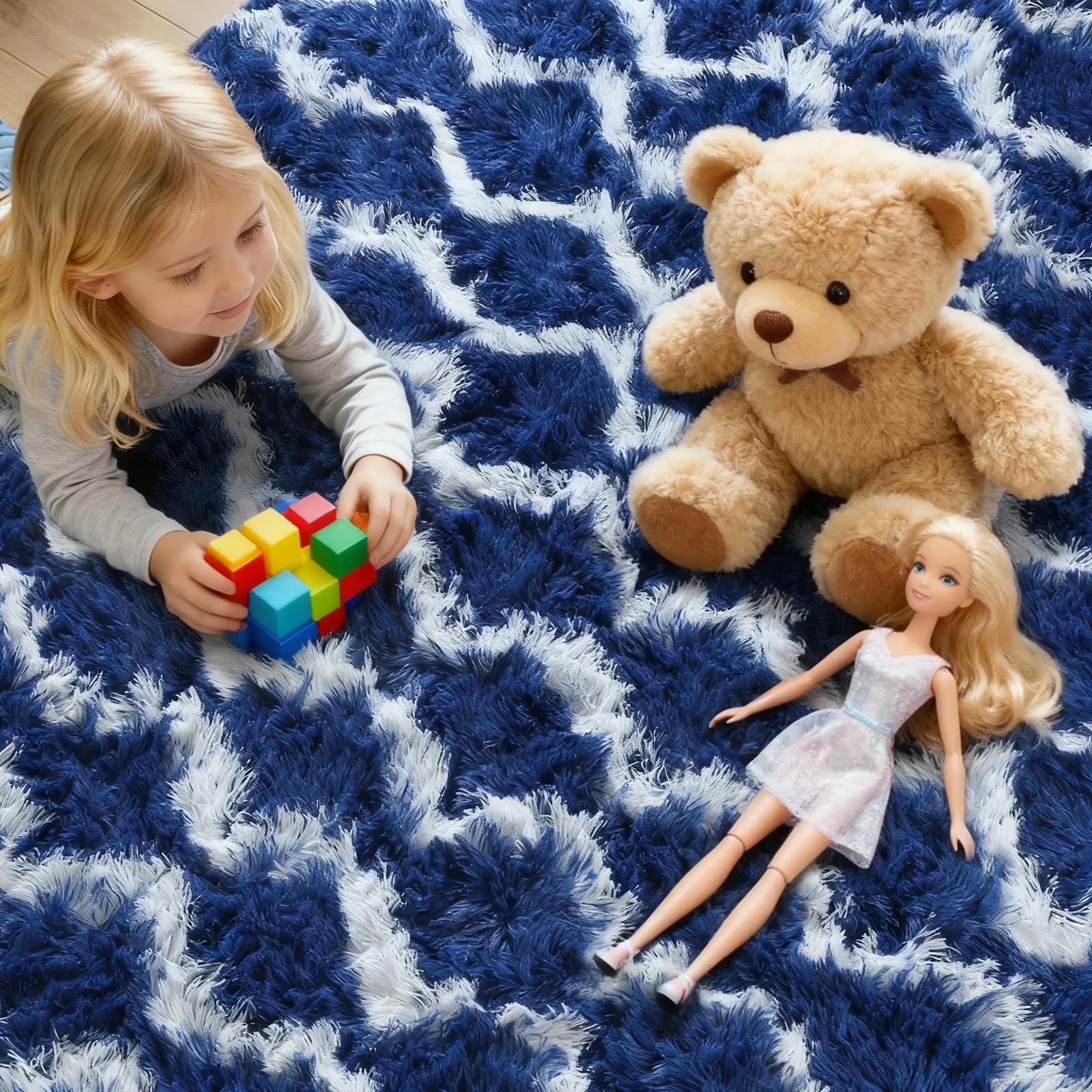 Sour Lemon Tappeto Salotto Pelo Lungo a Righe, Tappeto Camera da Letto Antiscivolo Lavabile, Grande Tappeto Shaggy Morbido Moderno per Soggiorno e Cameretta Bambini, Blu navy e bianco, 160x230 cm