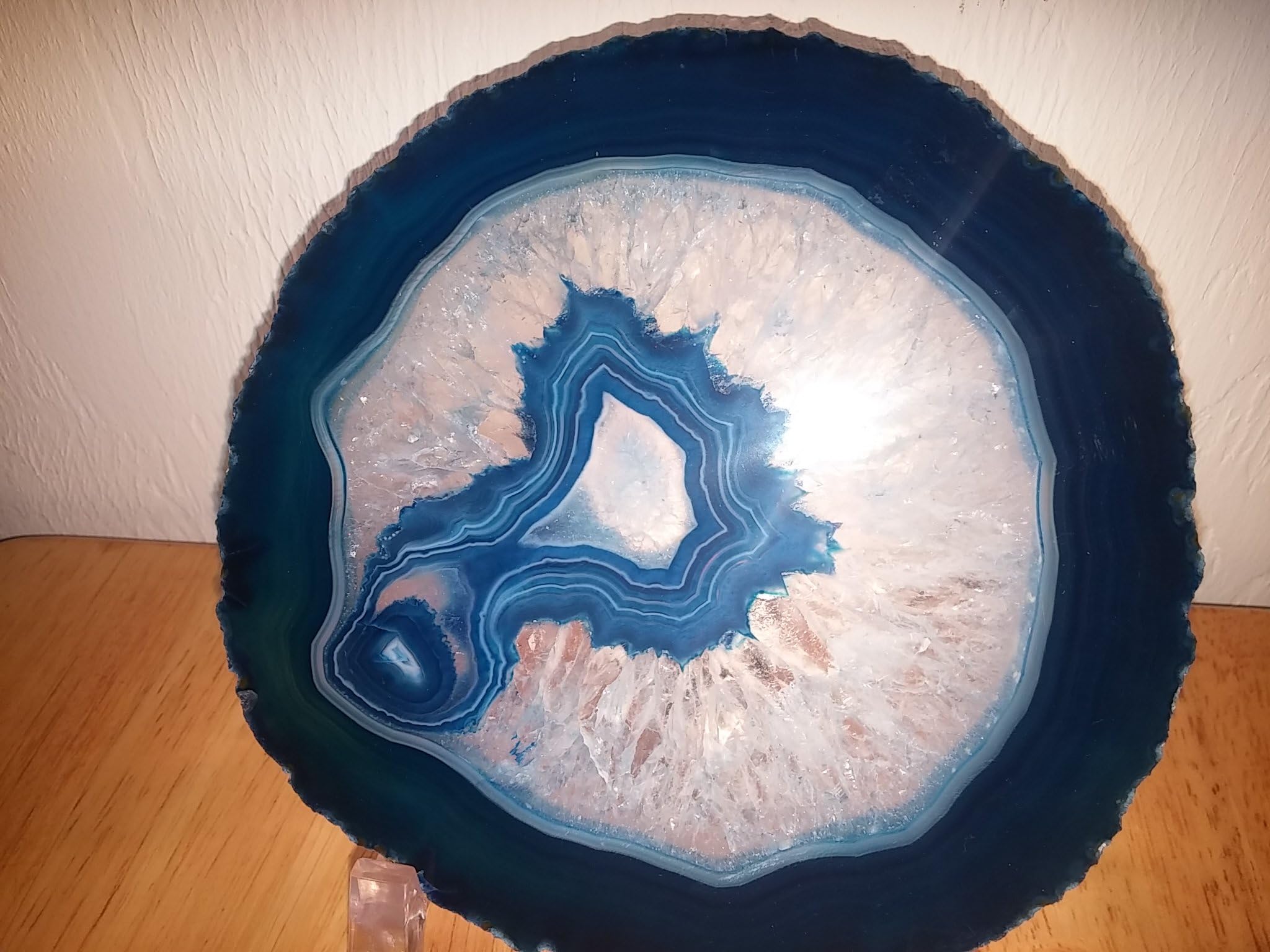 Brazilian Agate Geode Slice 6-7 inch with Lighted Acrylic Stand-Stained Glass by Mother Nature-Crystal Mineral Gemstone Rock (Blue)